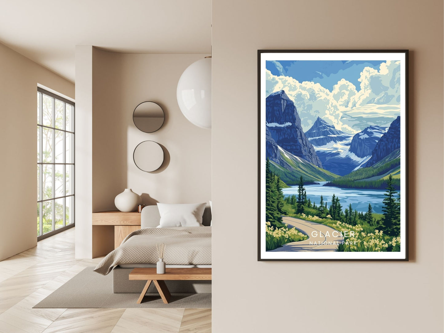 Gallery wall display of Glacier National Park travel poster – Atlas Prints