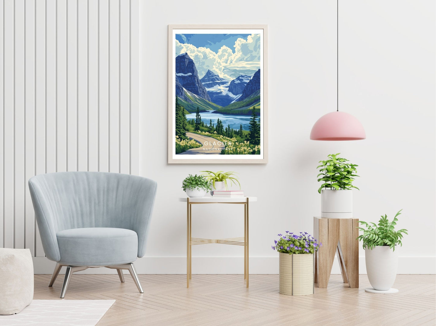 Glacier National Park travel print displayed in living room – Atlas Prints