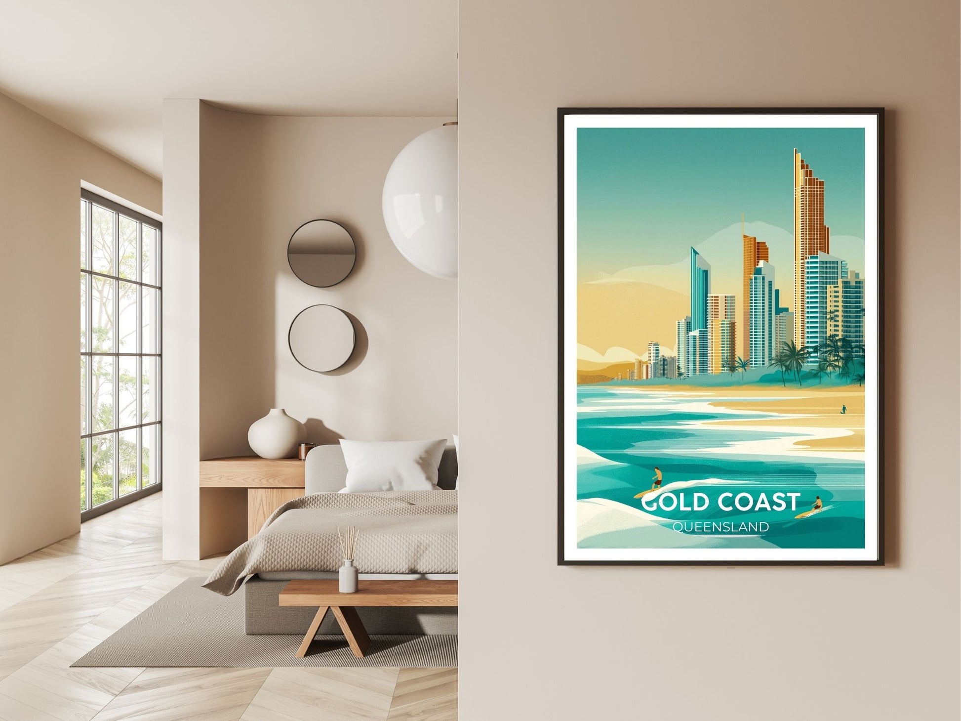 Gallery wall display of Gold Coast travel poster – Atlas Prints