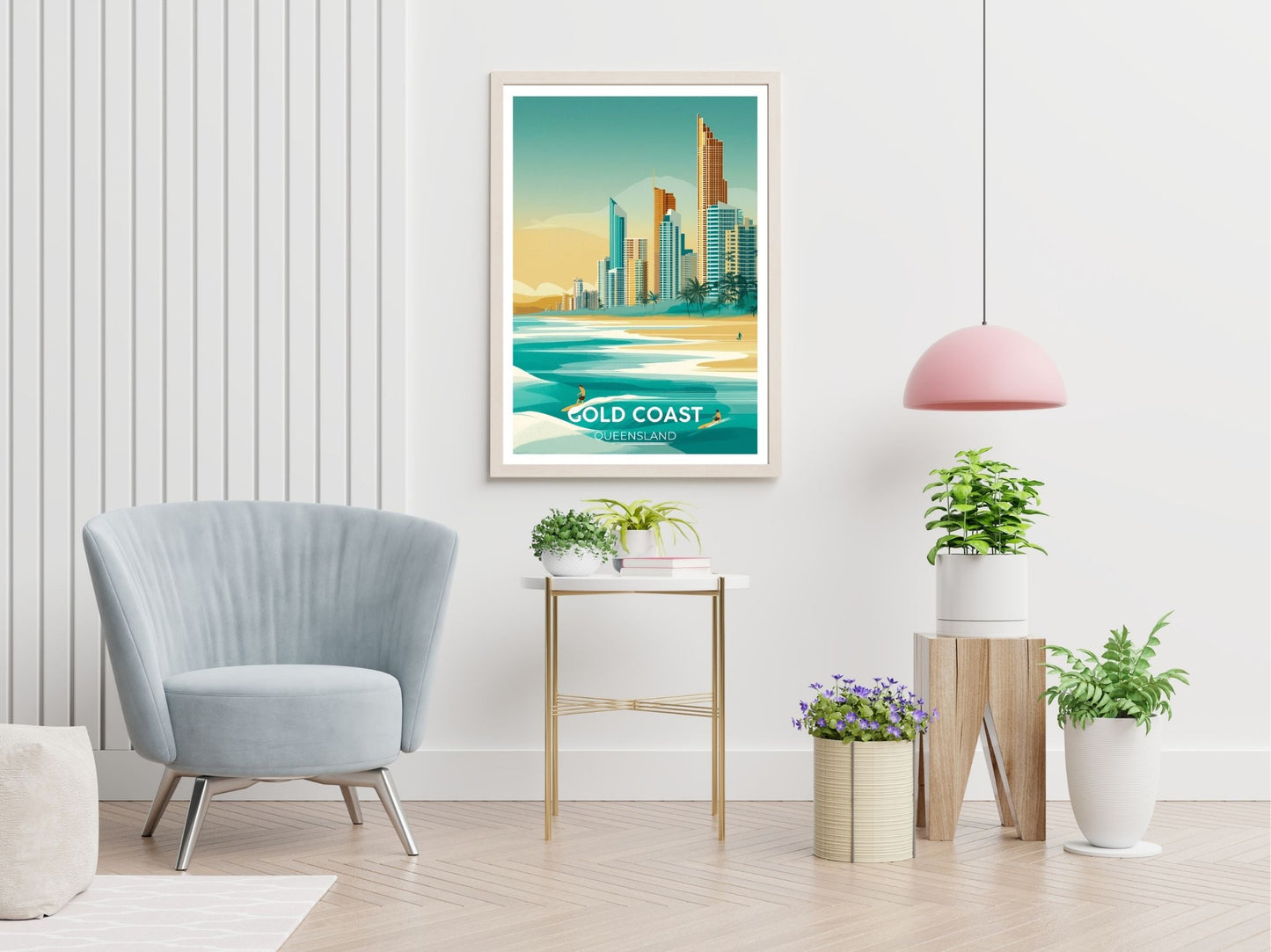 Gold Coast travel print displayed in living room – Atlas Prints