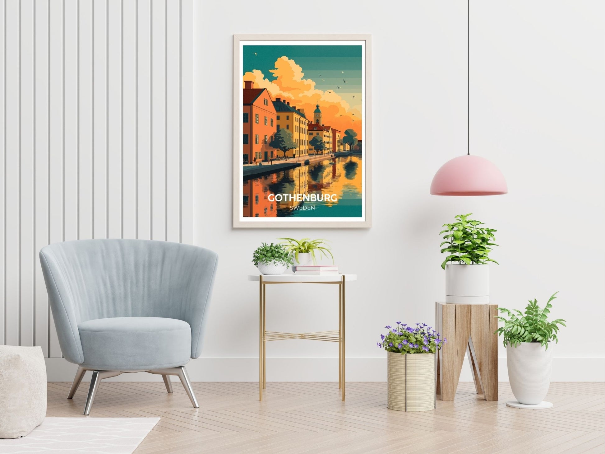 Gothenburg Sweden travel print displayed in living room – Atlas Prints