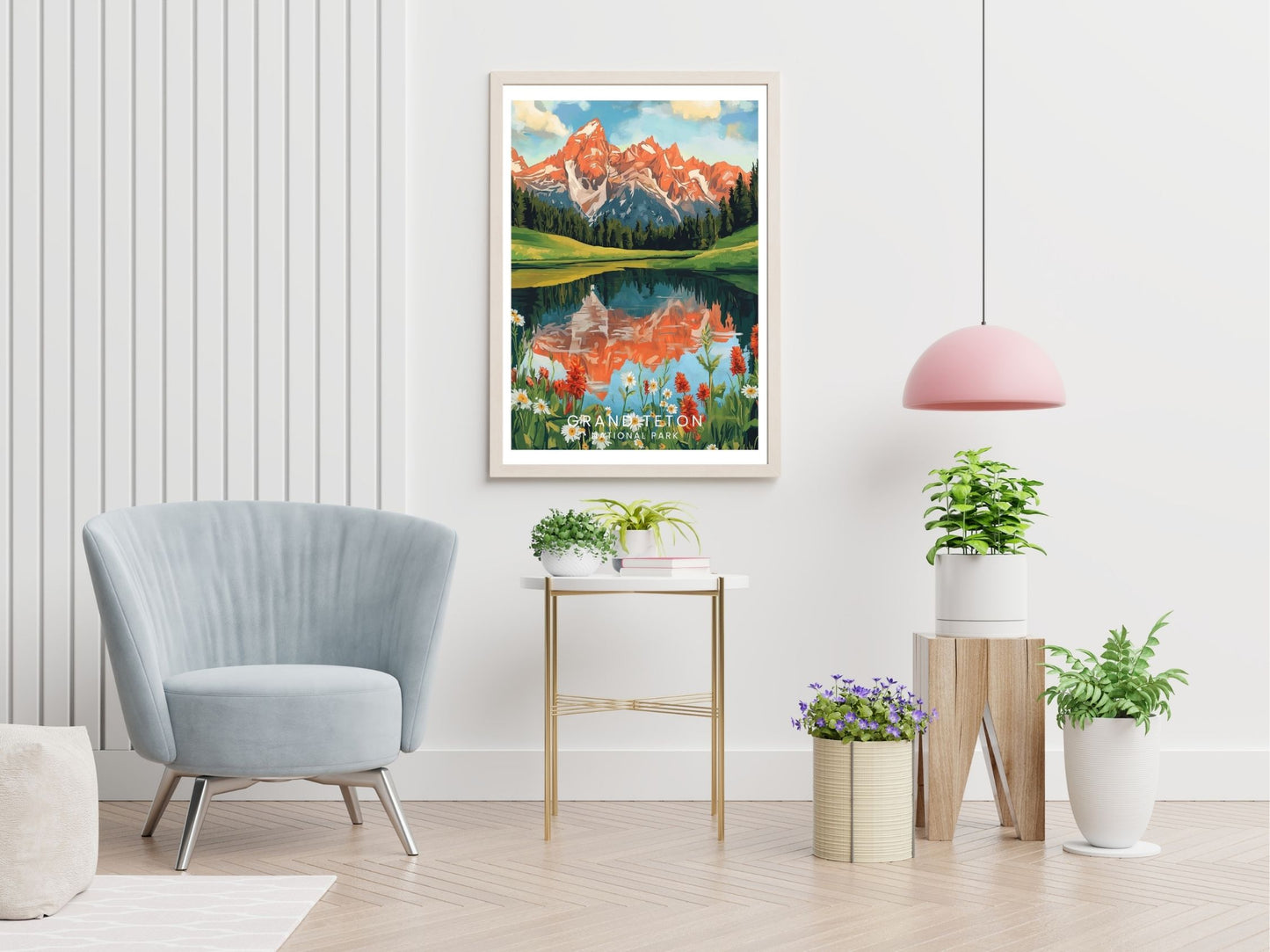 Grand Teton National Park travel print displayed in living room – Atlas Prints