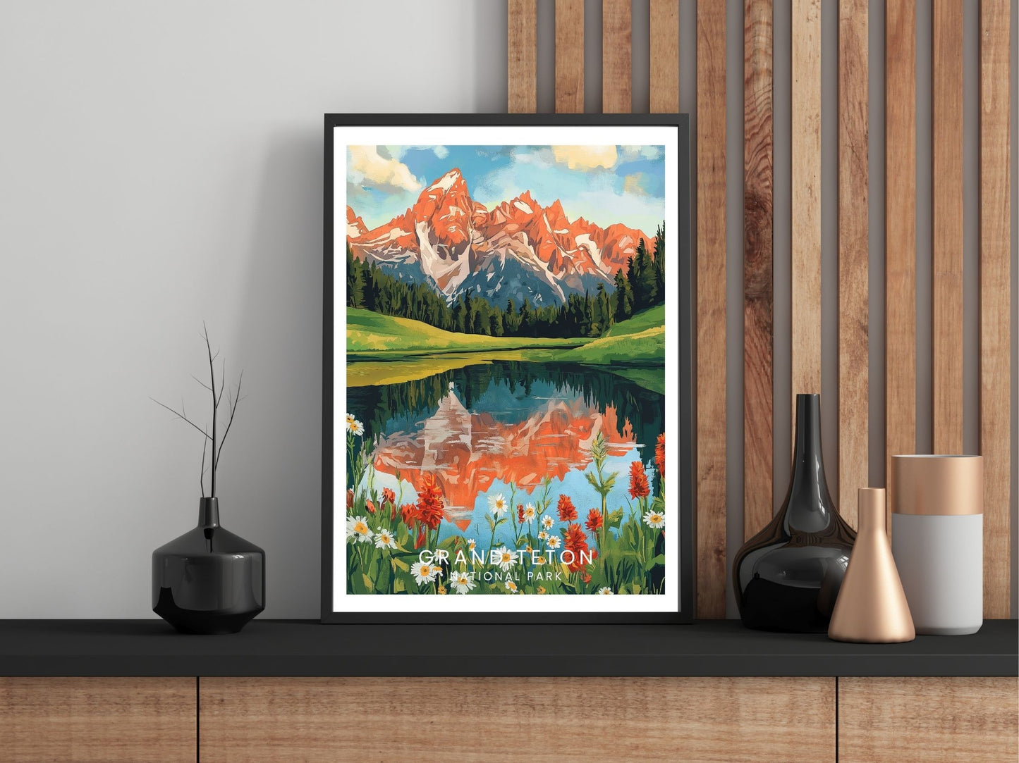 Close-up of Grand Teton National Park travel poster matte texture – Atlas Prints