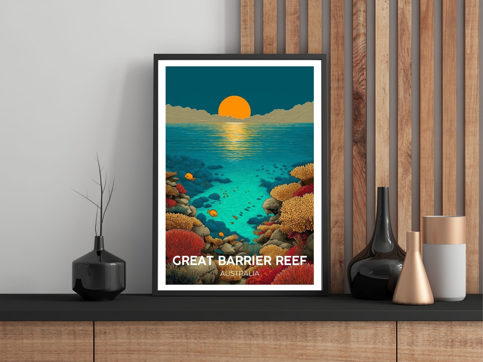 Great Barrier Reef wall art print displayed in bedroom – Atlas Prints
