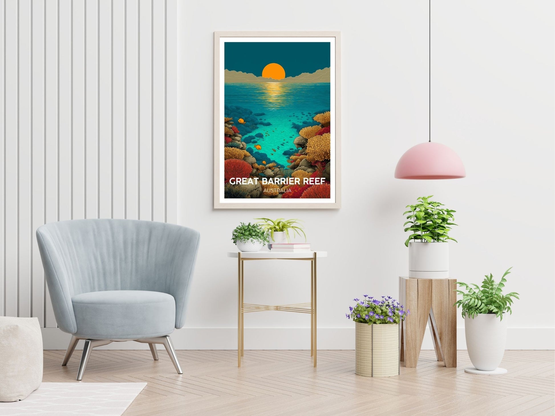 Great Barrier Reef travel print displayed in living room – Atlas Prints