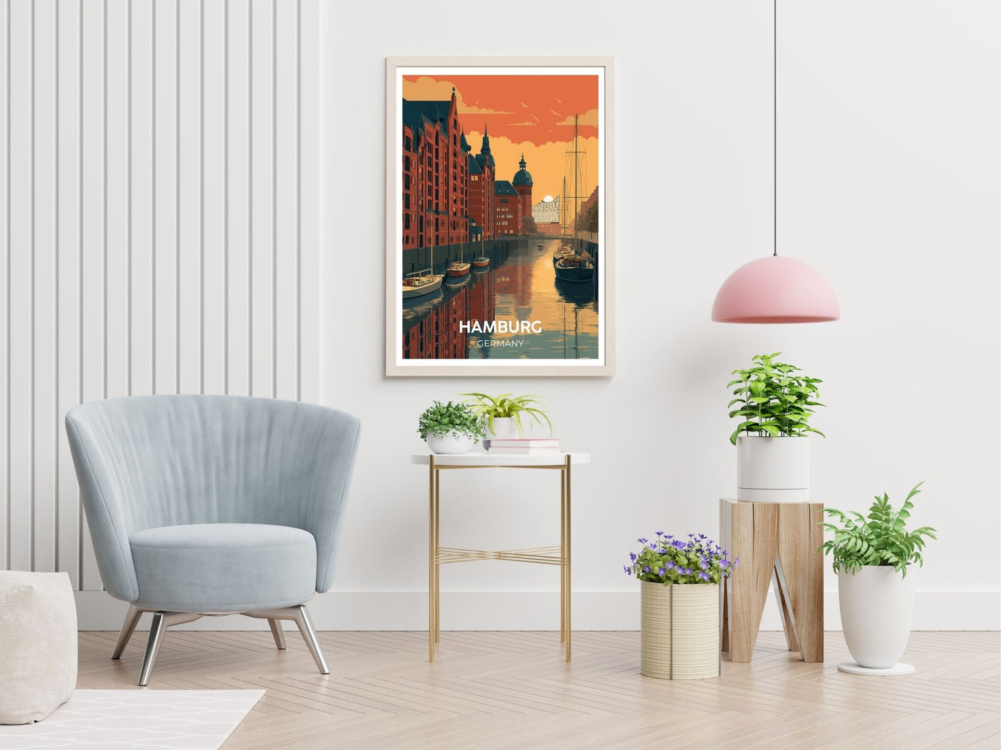 Hamburg Germany travel print displayed in living room – Atlas Prints