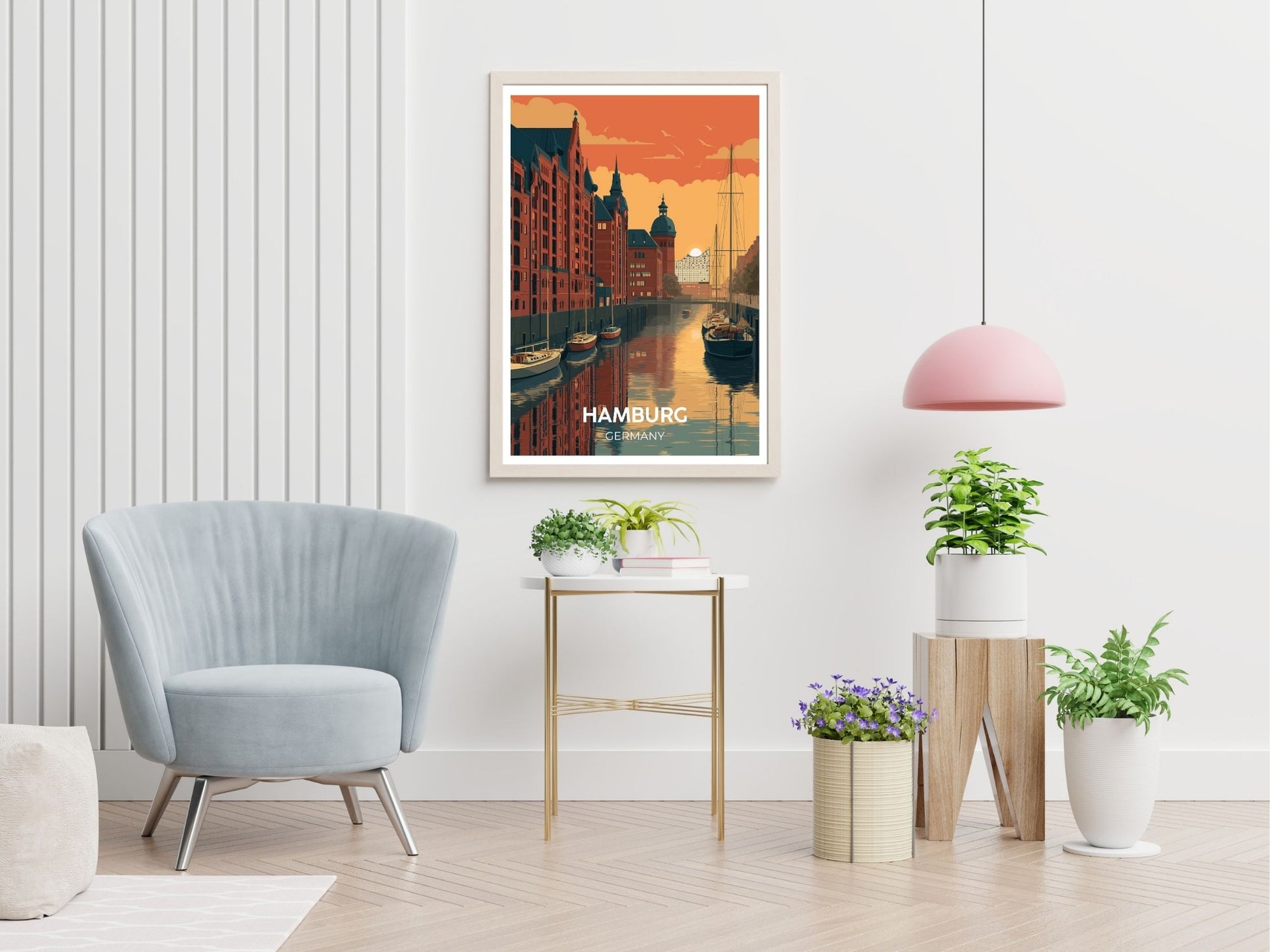 Hamburg Germany travel print displayed in living room – Atlas Prints