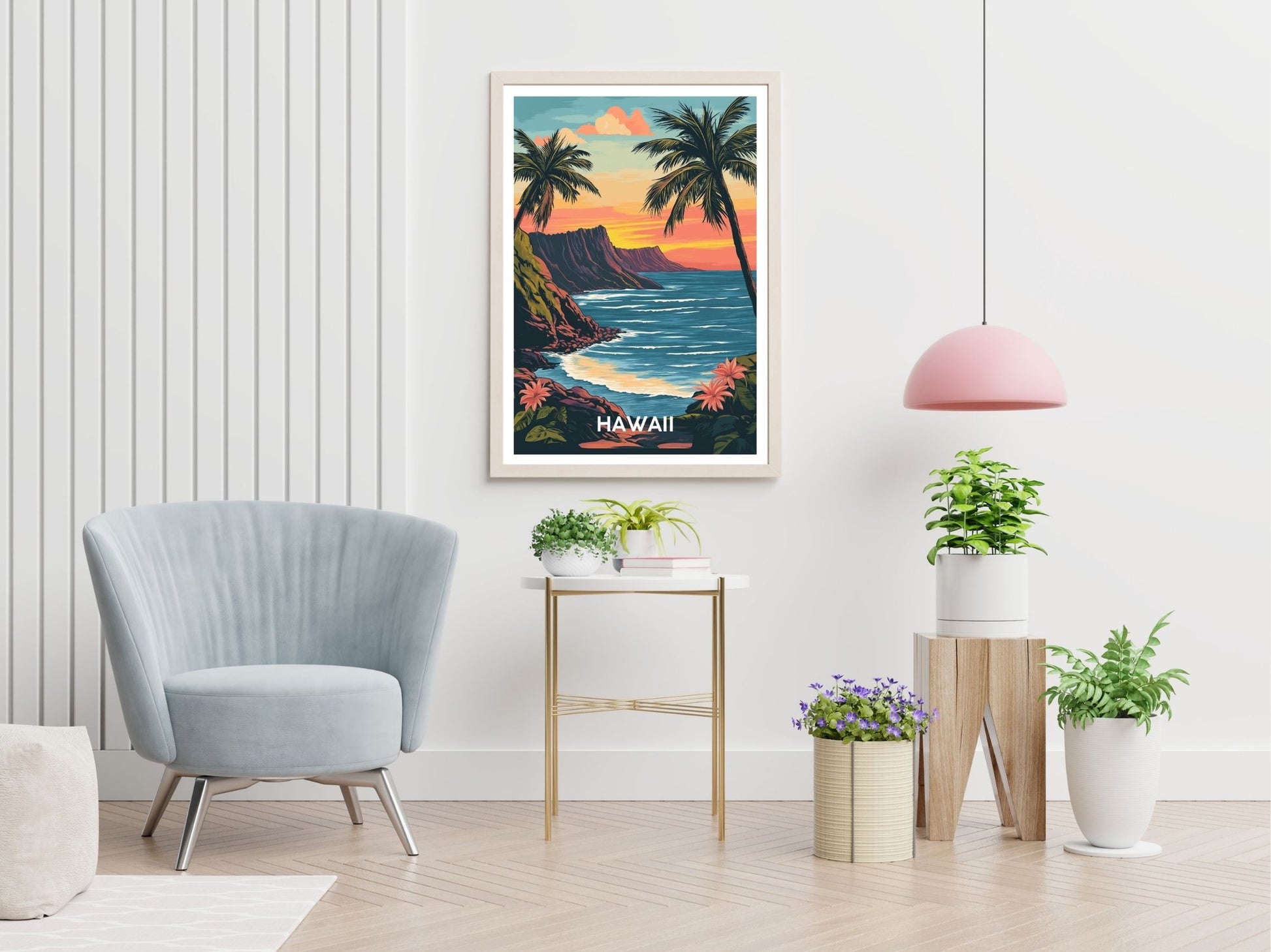 Hawaii Islands travel print displayed in living room – Atlas Prints