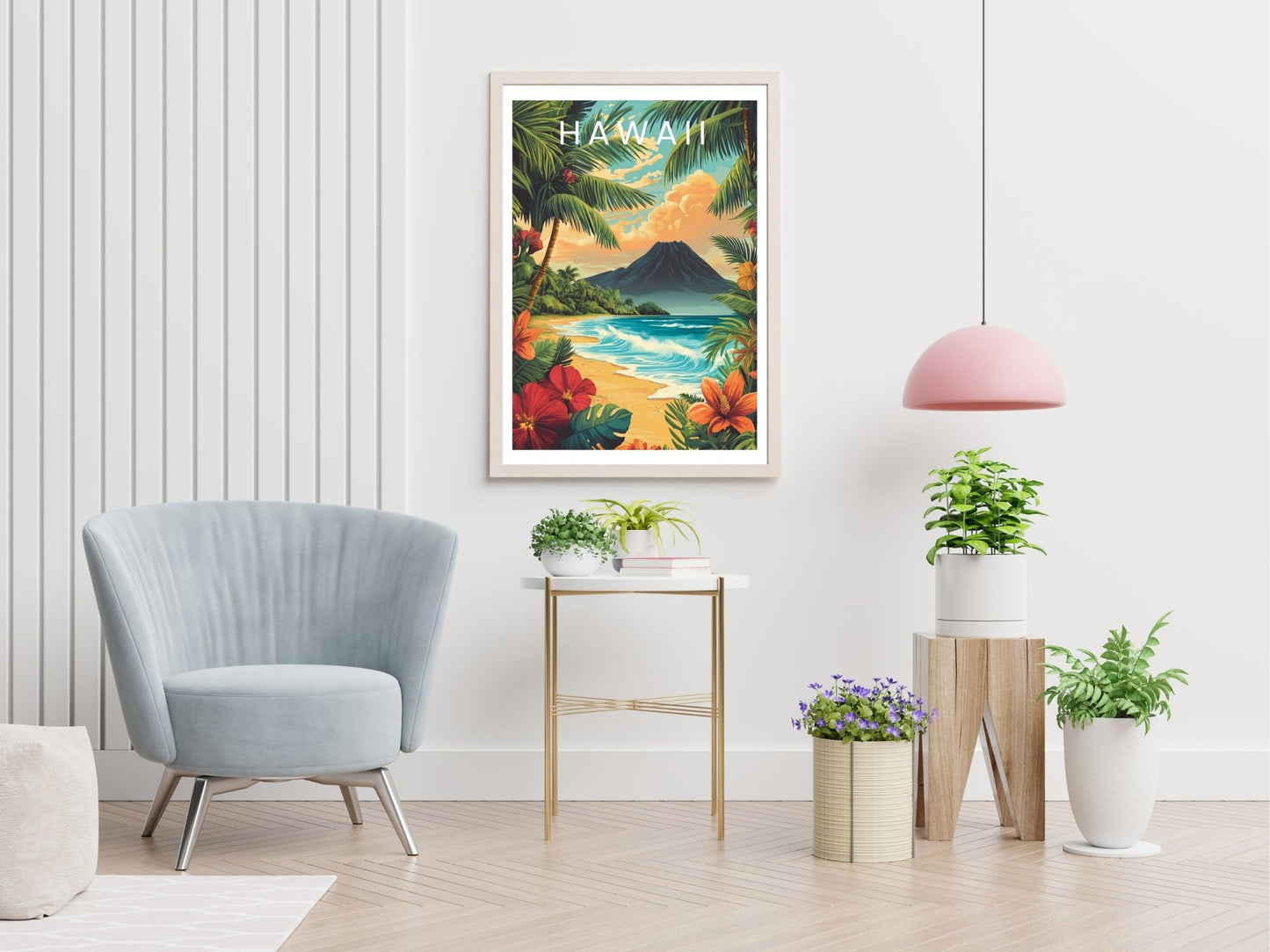 Hawaii travel print displayed in living room – Atlas Prints