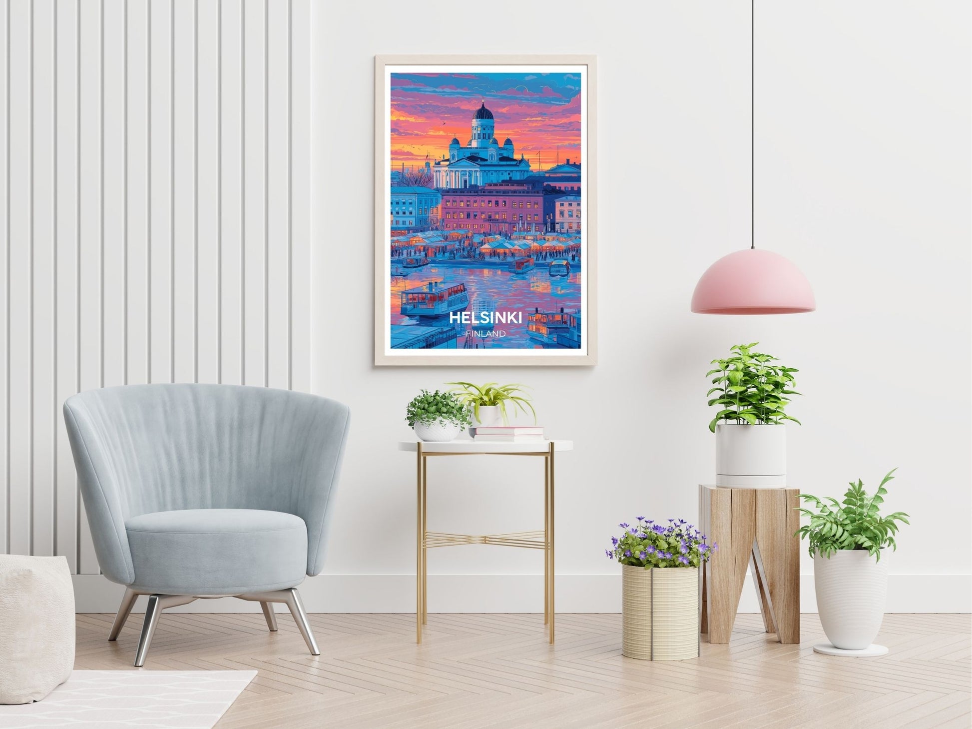 Helsinki Finland travel print displayed in living room – Atlas Prints