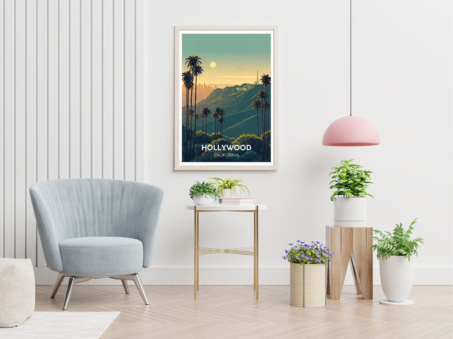Hollywood travel print displayed in living room – Atlas Prints