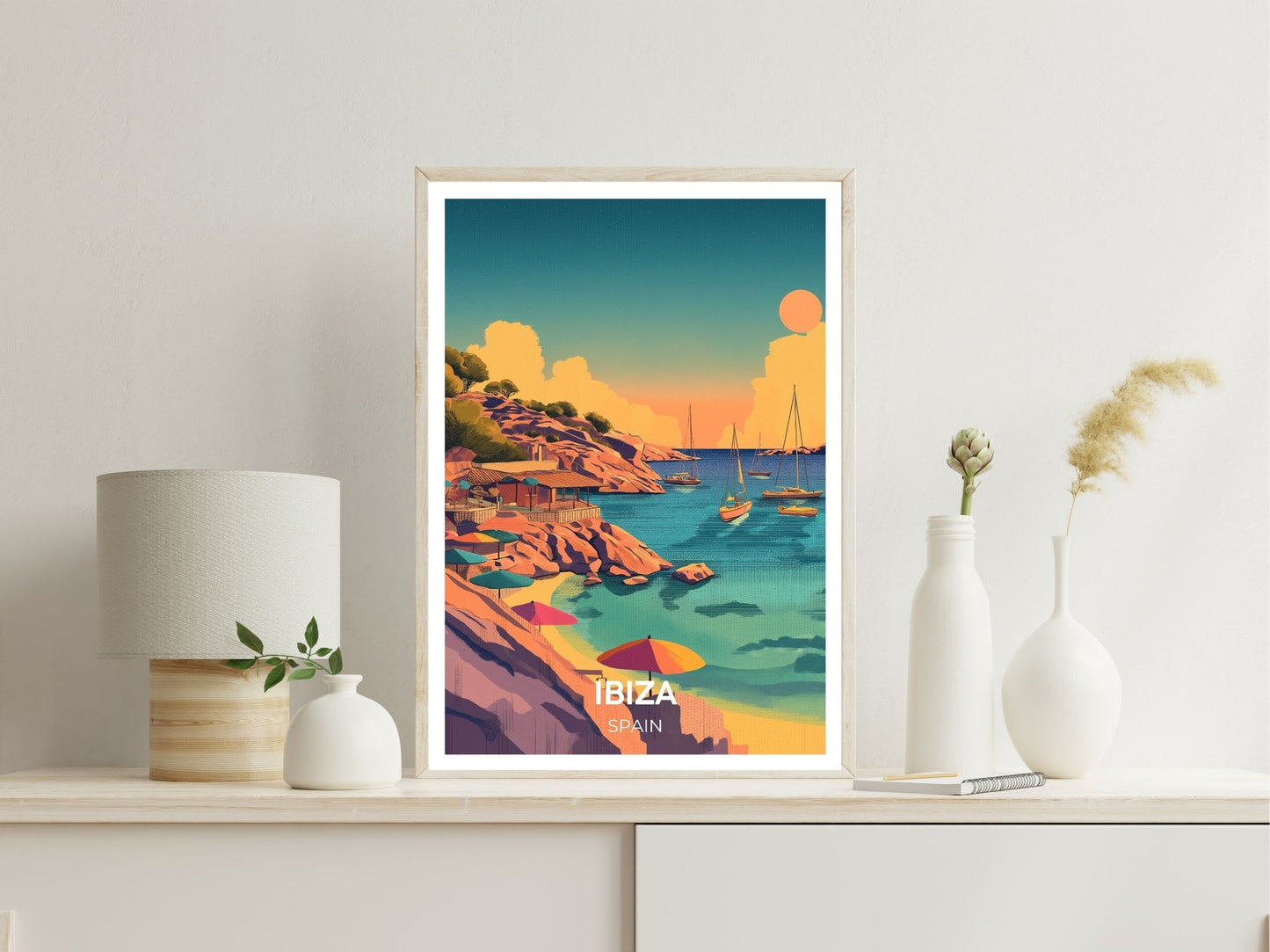 Ibiza Spain wall art print displayed in bedroom – Atlas Prints