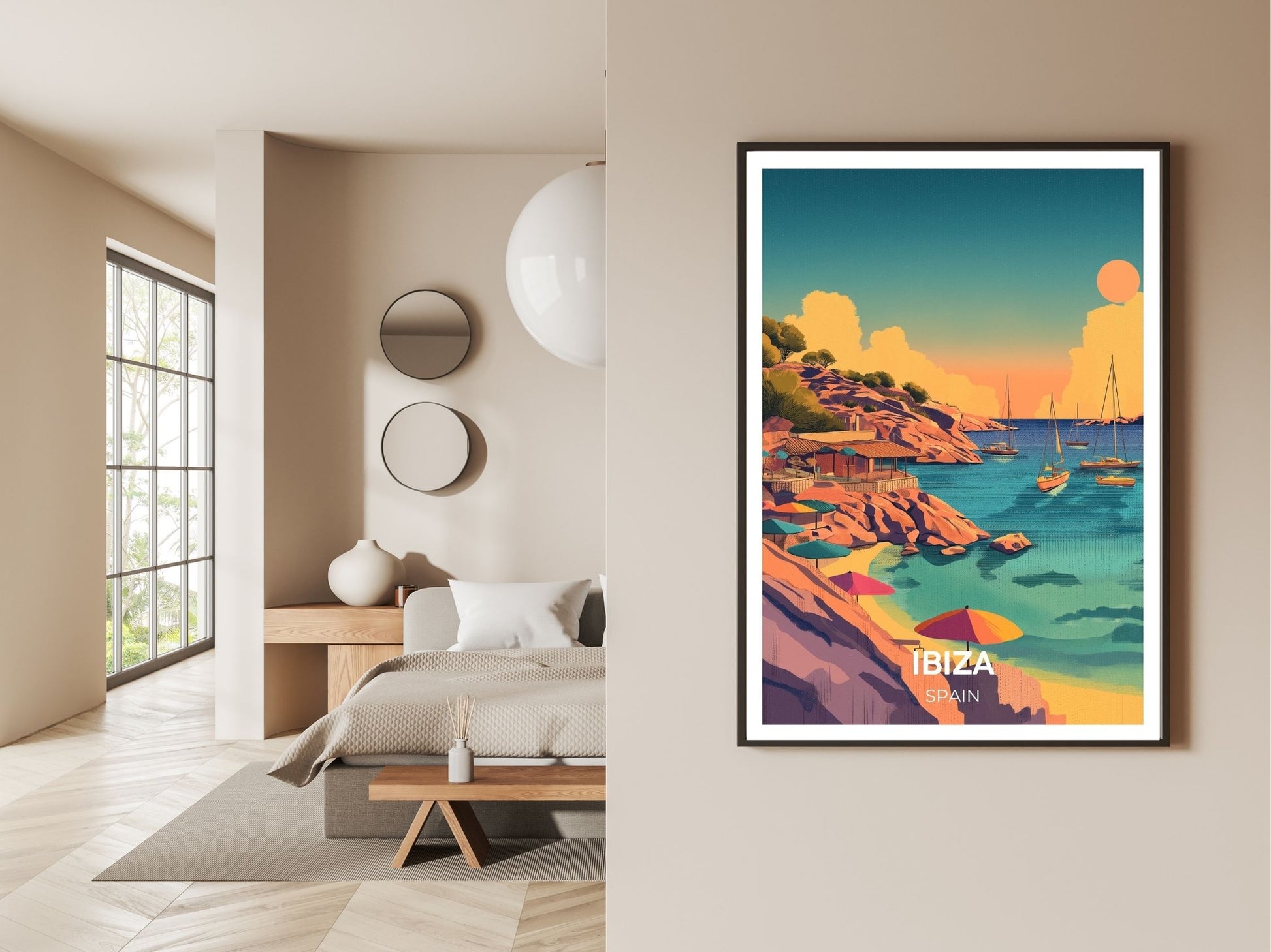 Gallery wall display of Ibiza Spain travel poster – Atlas Prints