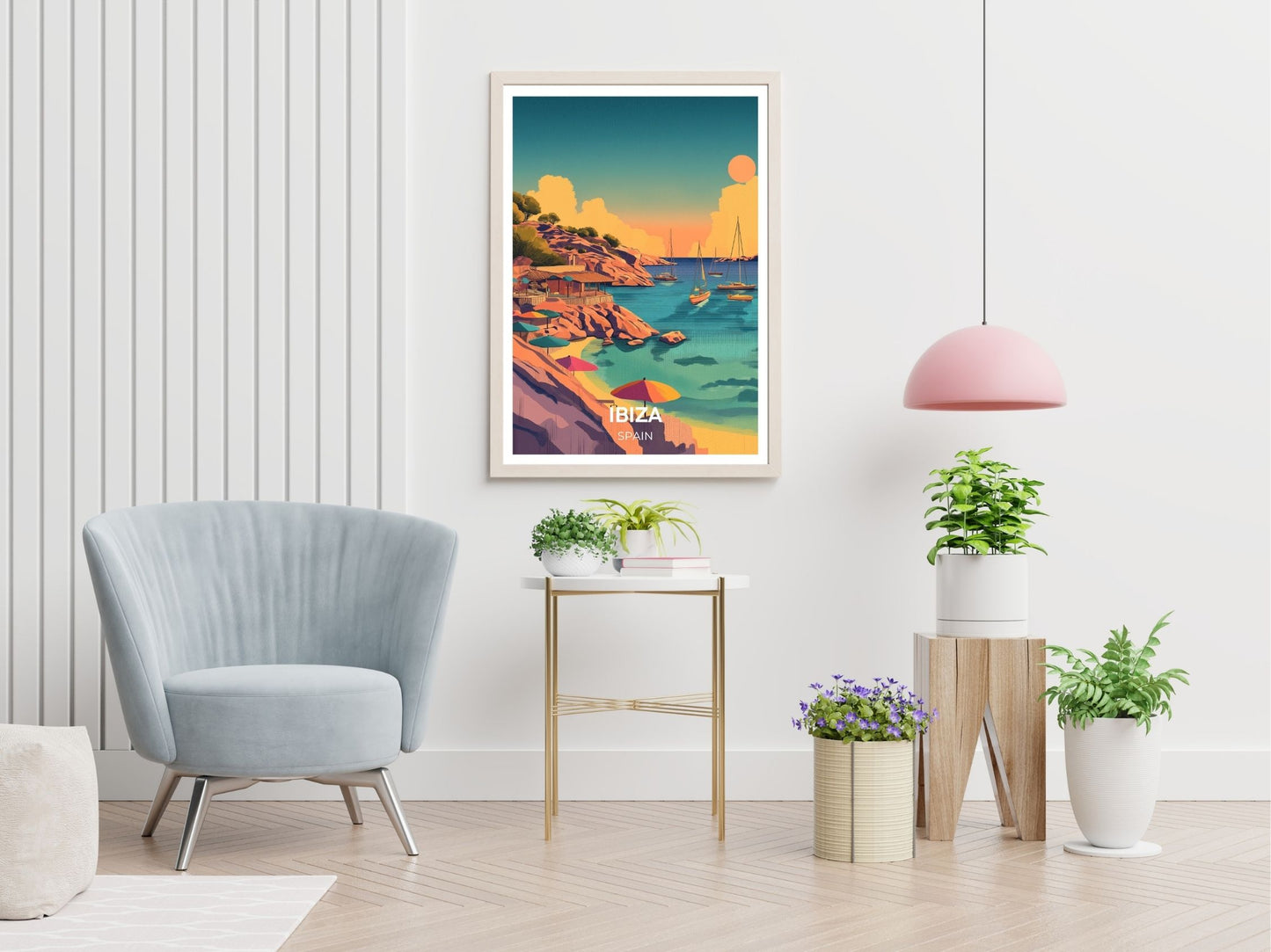 Ibiza Spain travel print displayed in living room – Atlas Prints