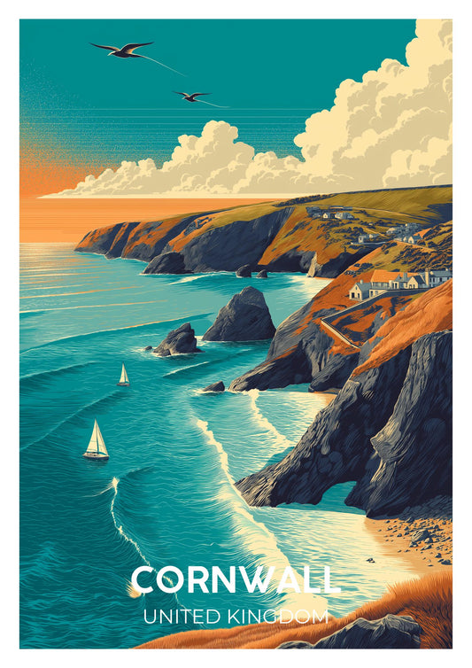 Cornwall UK Vintage Travel Poster, Coastal England Beach Art Print