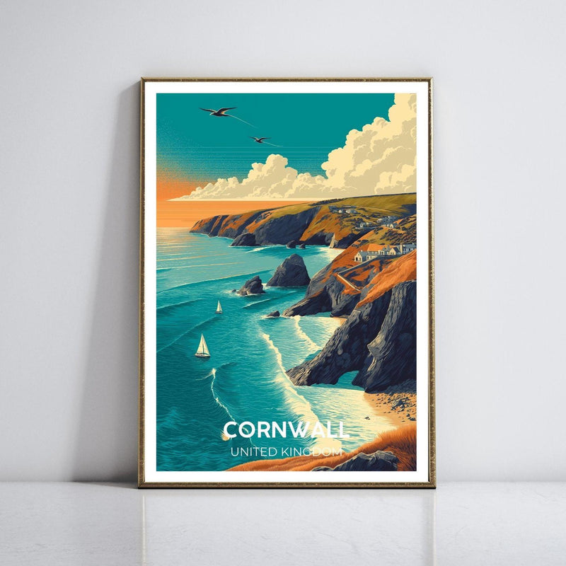 Cornwall UK Vintage Travel Poster, Coastal England Beach Art Print