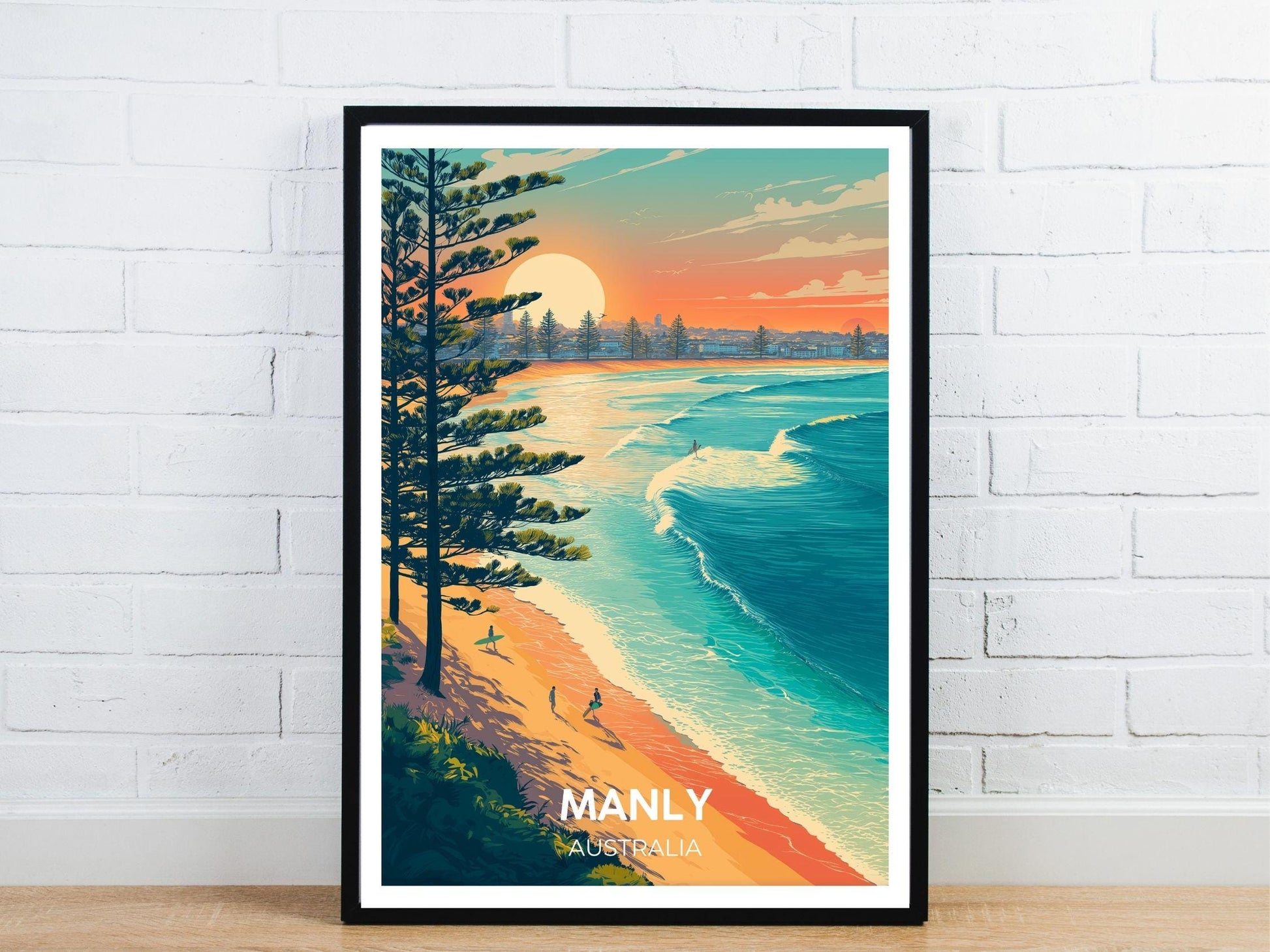 Manly Australia Beach Poster, Vintage Coastal Wall Art, Surfing Sunset Print