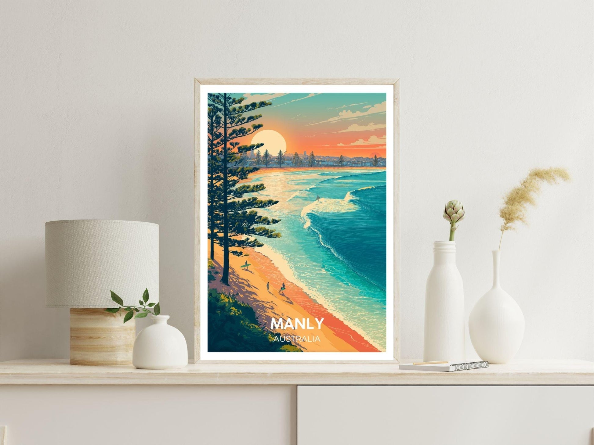 Manly Australia Beach Poster, Vintage Coastal Wall Art, Surfing Sunset Print