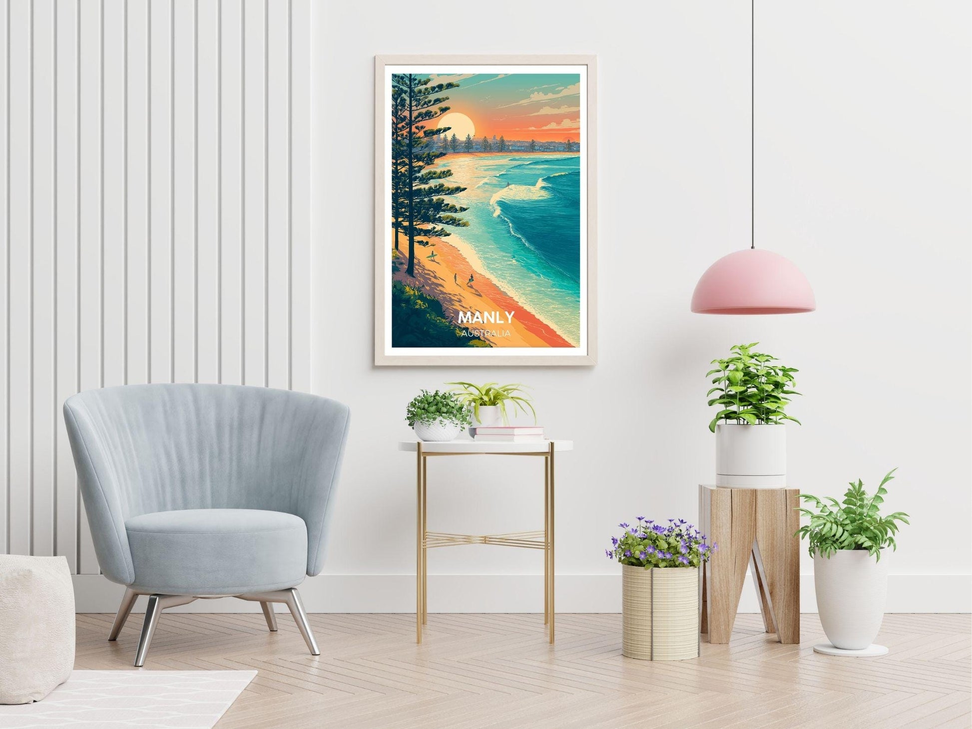 Manly Australia Beach Poster, Vintage Coastal Wall Art, Surfing Sunset Print