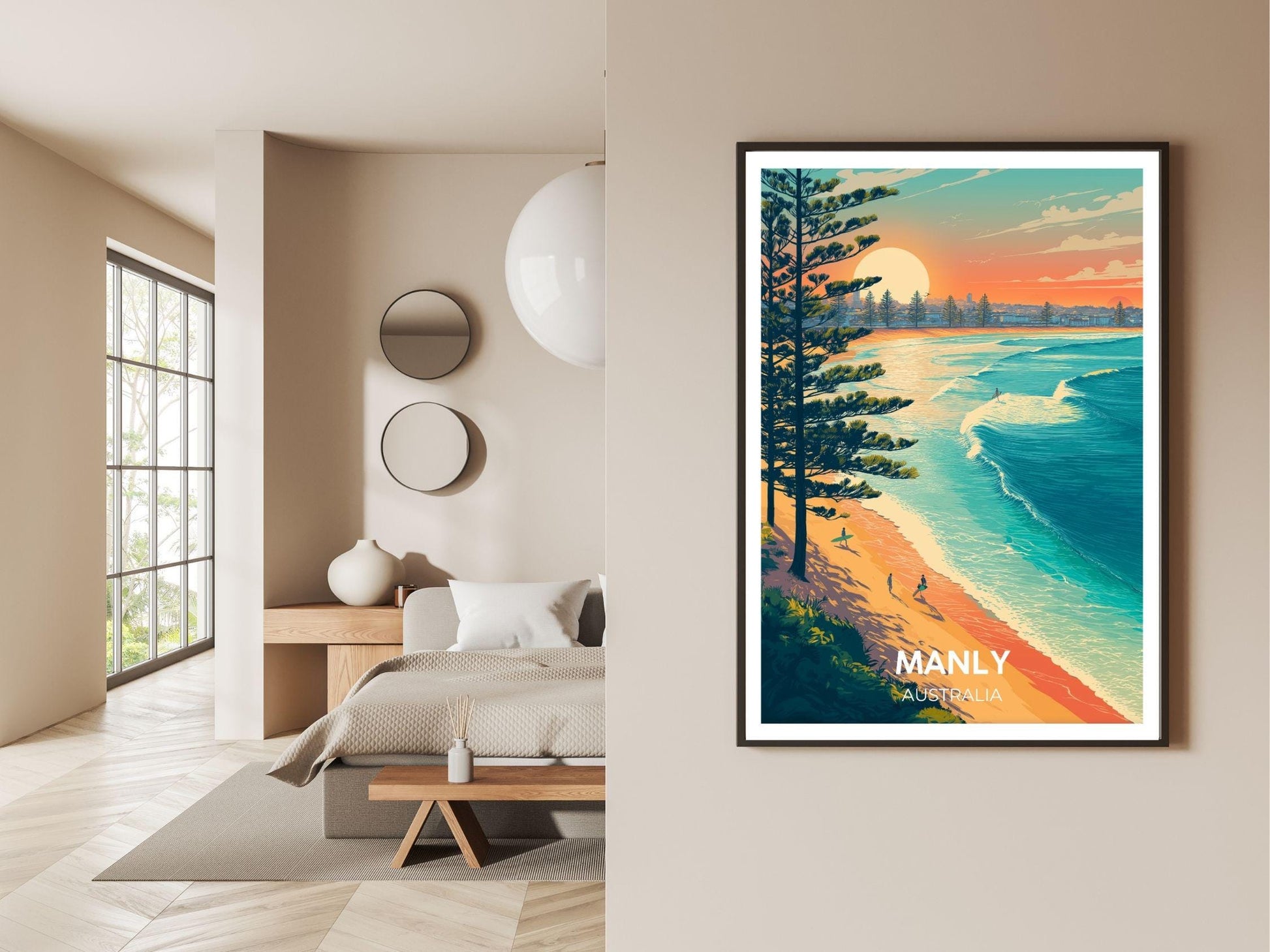 Manly Australia Beach Poster, Vintage Coastal Wall Art, Surfing Sunset Print