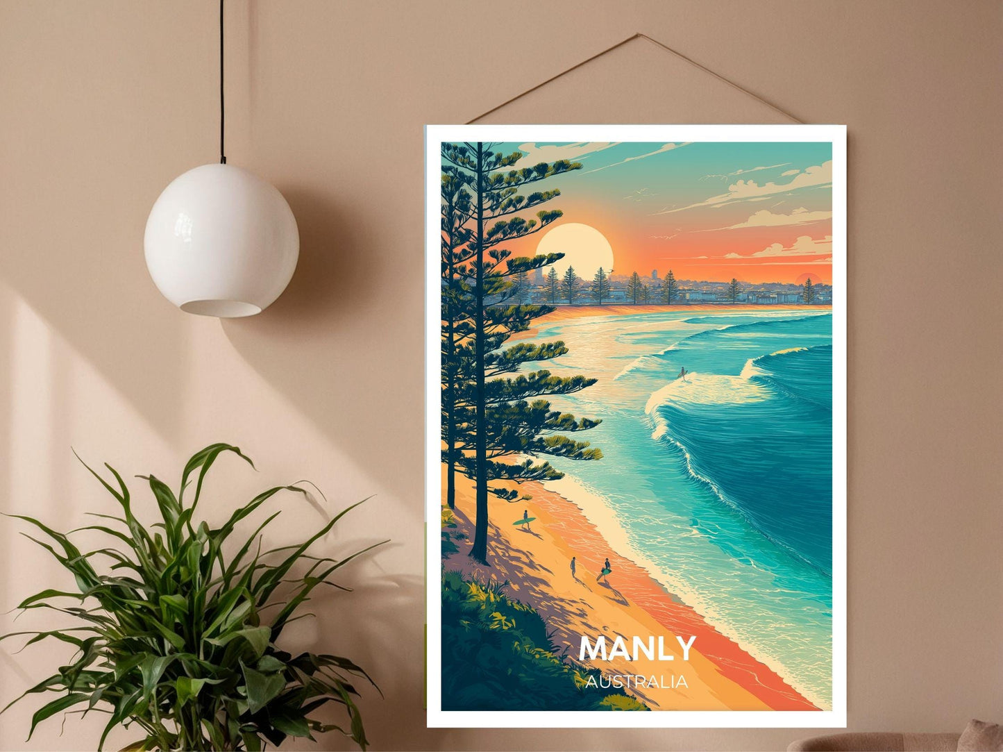 Manly Australia Beach Poster, Vintage Coastal Wall Art, Surfing Sunset Print