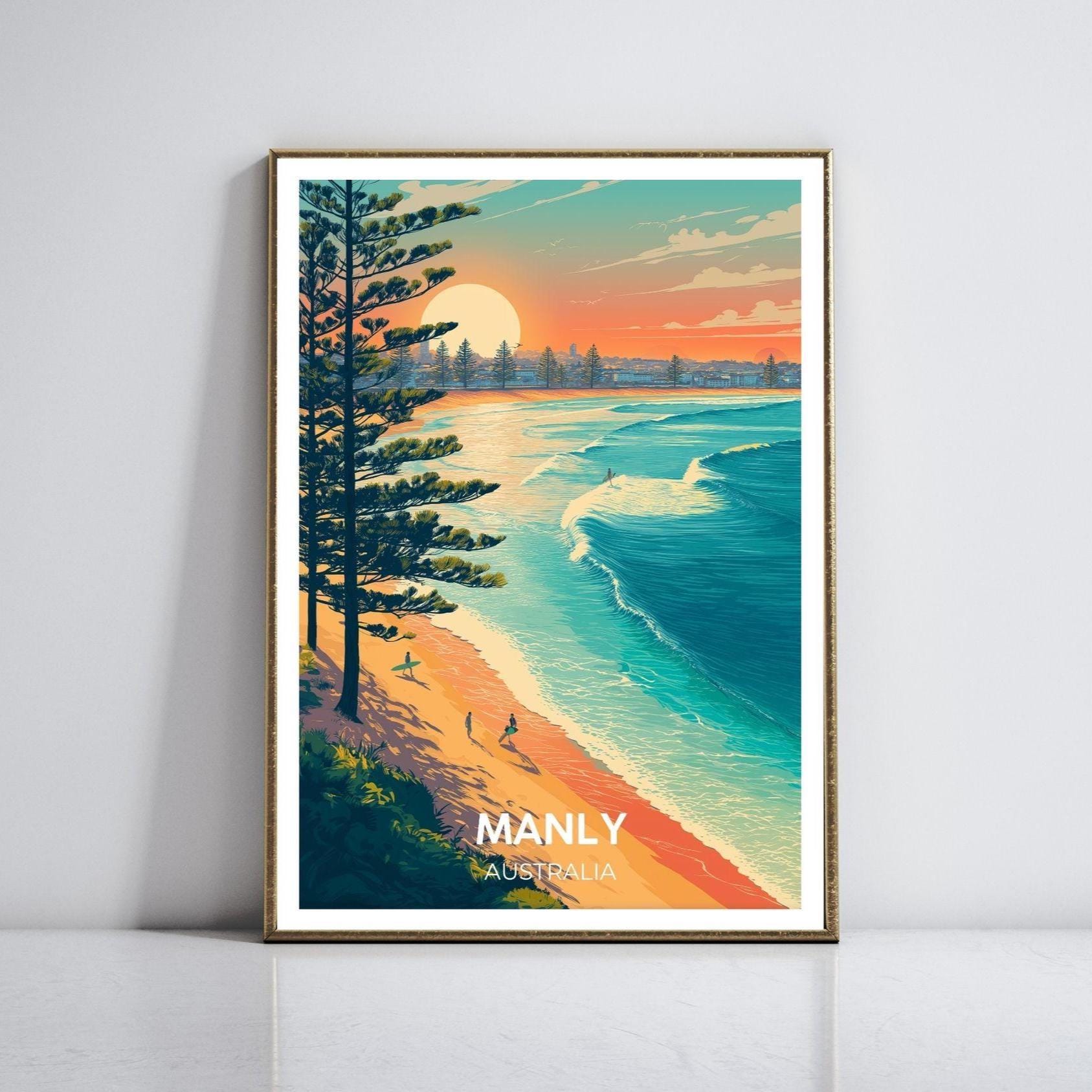 Manly Australia Beach Poster, Vintage Coastal Wall Art, Surfing Sunset Print