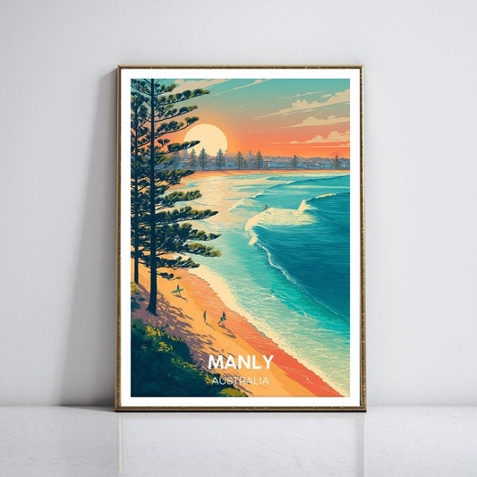 Manly Australia Beach Poster, Vintage Coastal Wall Art, Surfing Sunset Print