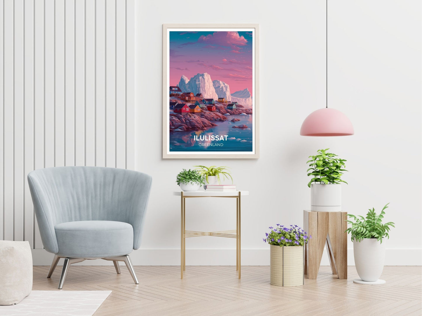 Ilulissat Greenland travel print displayed in living room – Atlas Prints