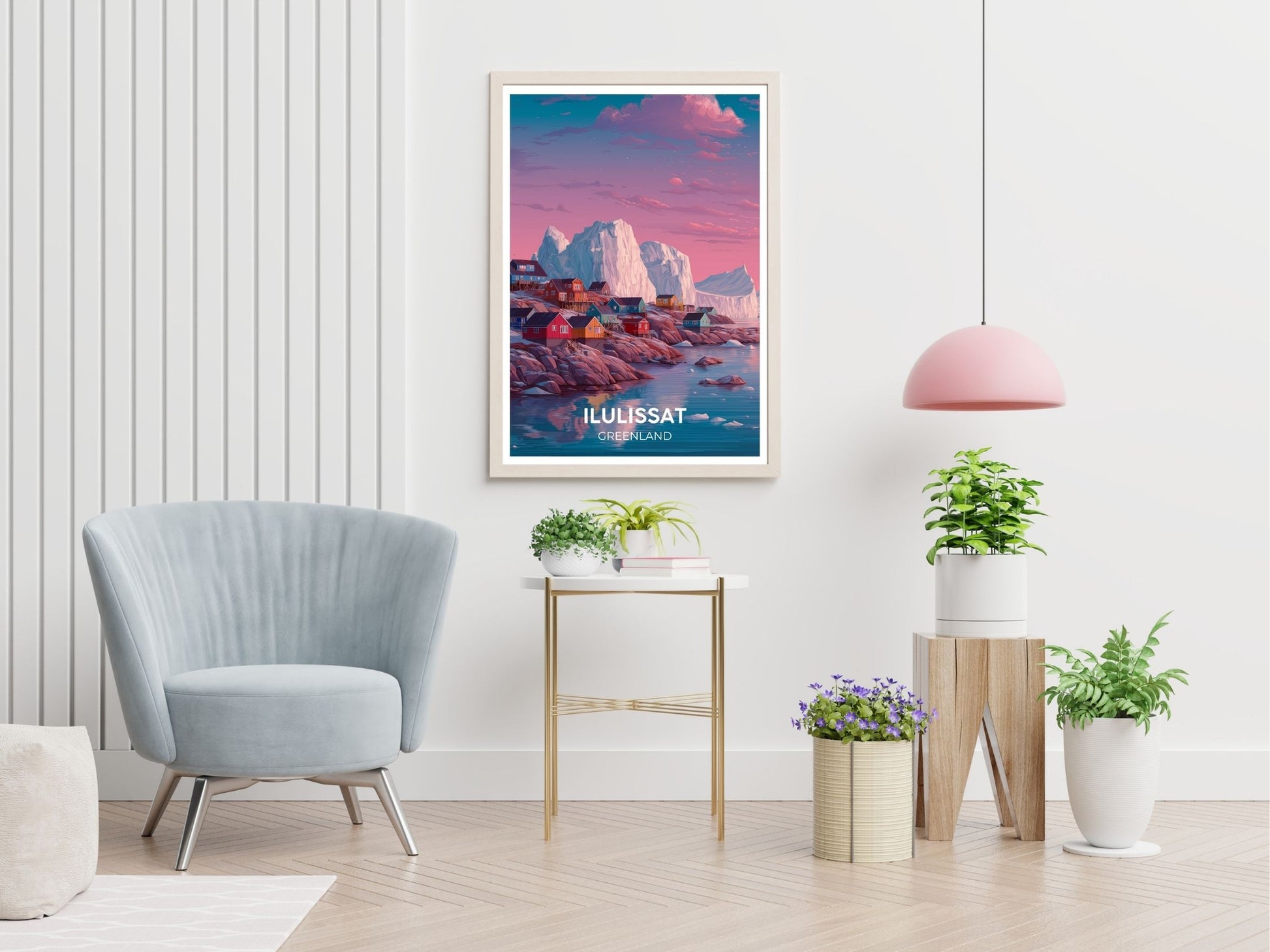 Ilulissat Greenland travel print displayed in living room – Atlas Prints