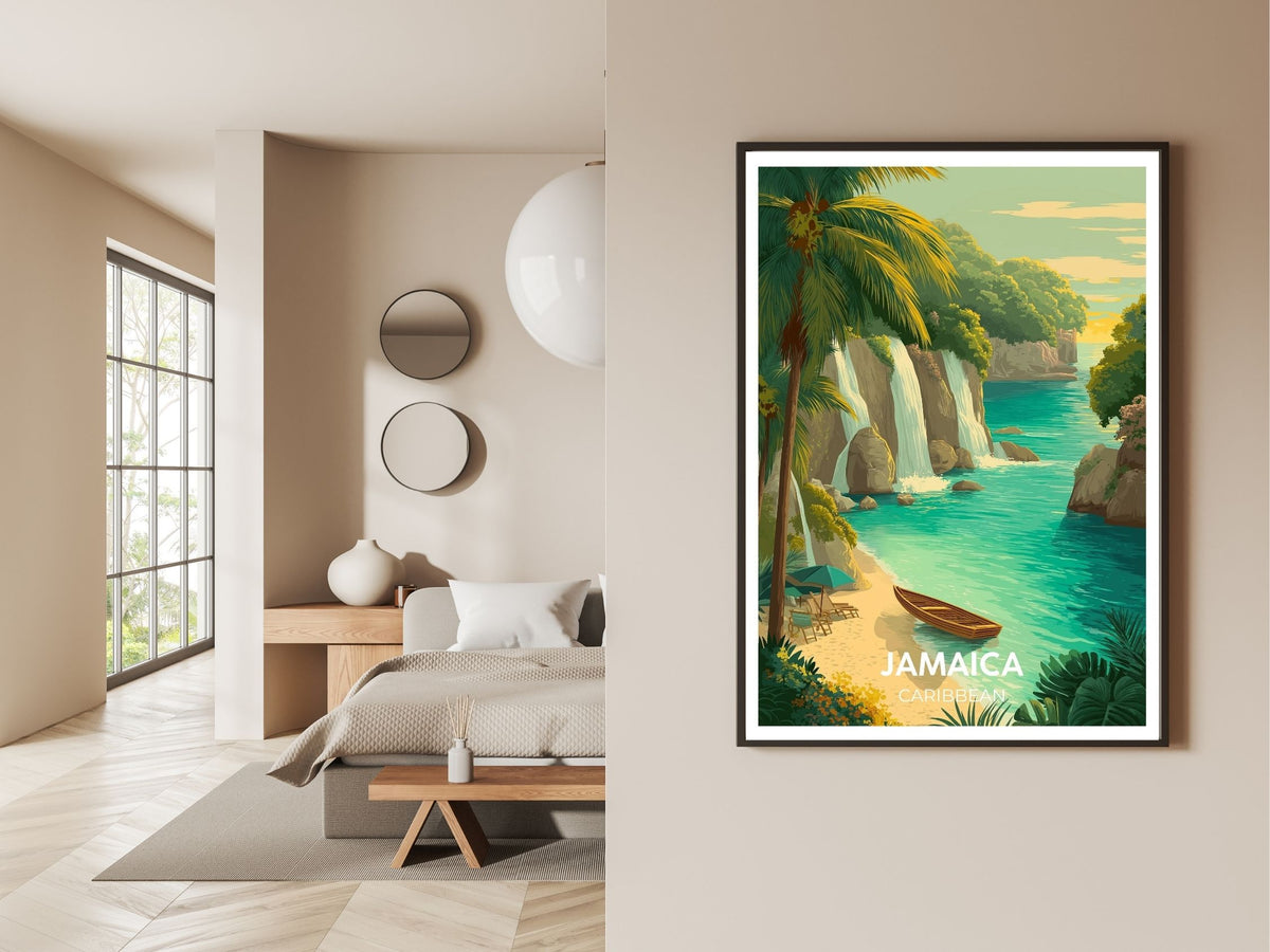 Gallery wall display of Jamaica Caribbean travel poster – Atlas Prints