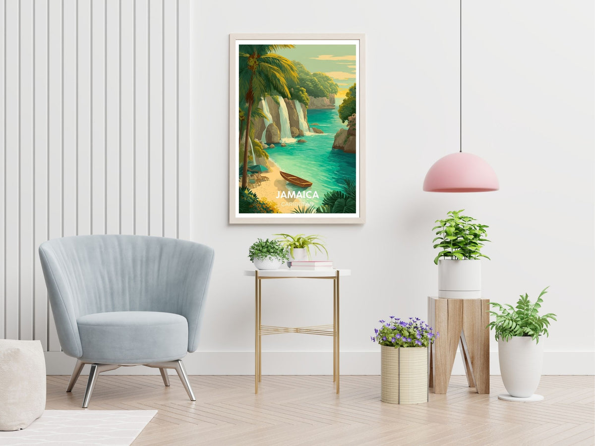 Jamaica Caribbean travel print displayed in living room – Atlas Prints