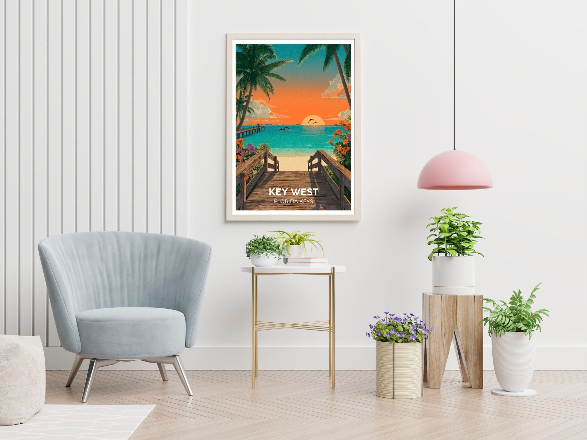 Key West Florida Keys travel print displayed in living room – Atlas Prints