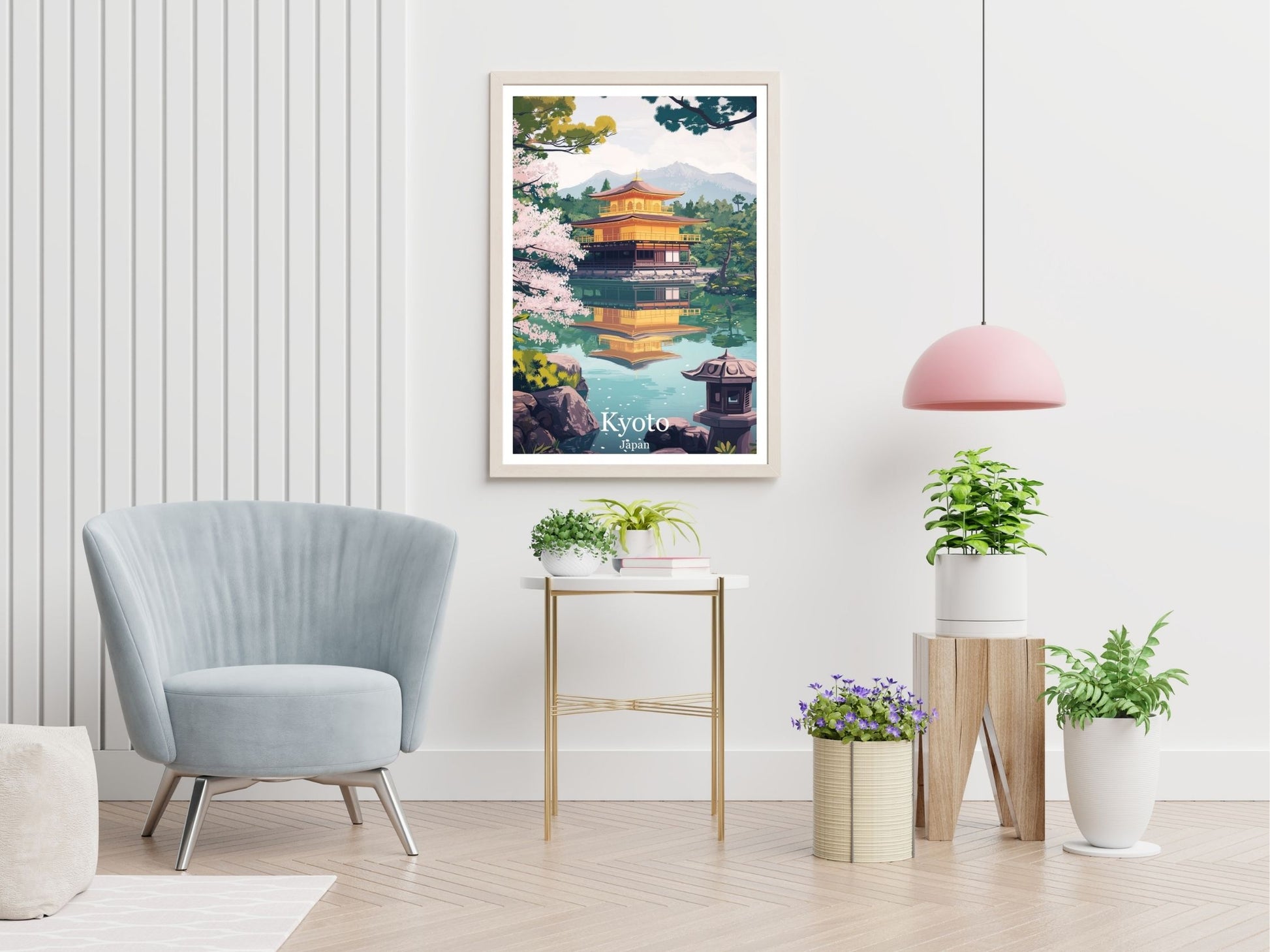 Kyoto Japan travel print displayed in living room – Atlas Prints