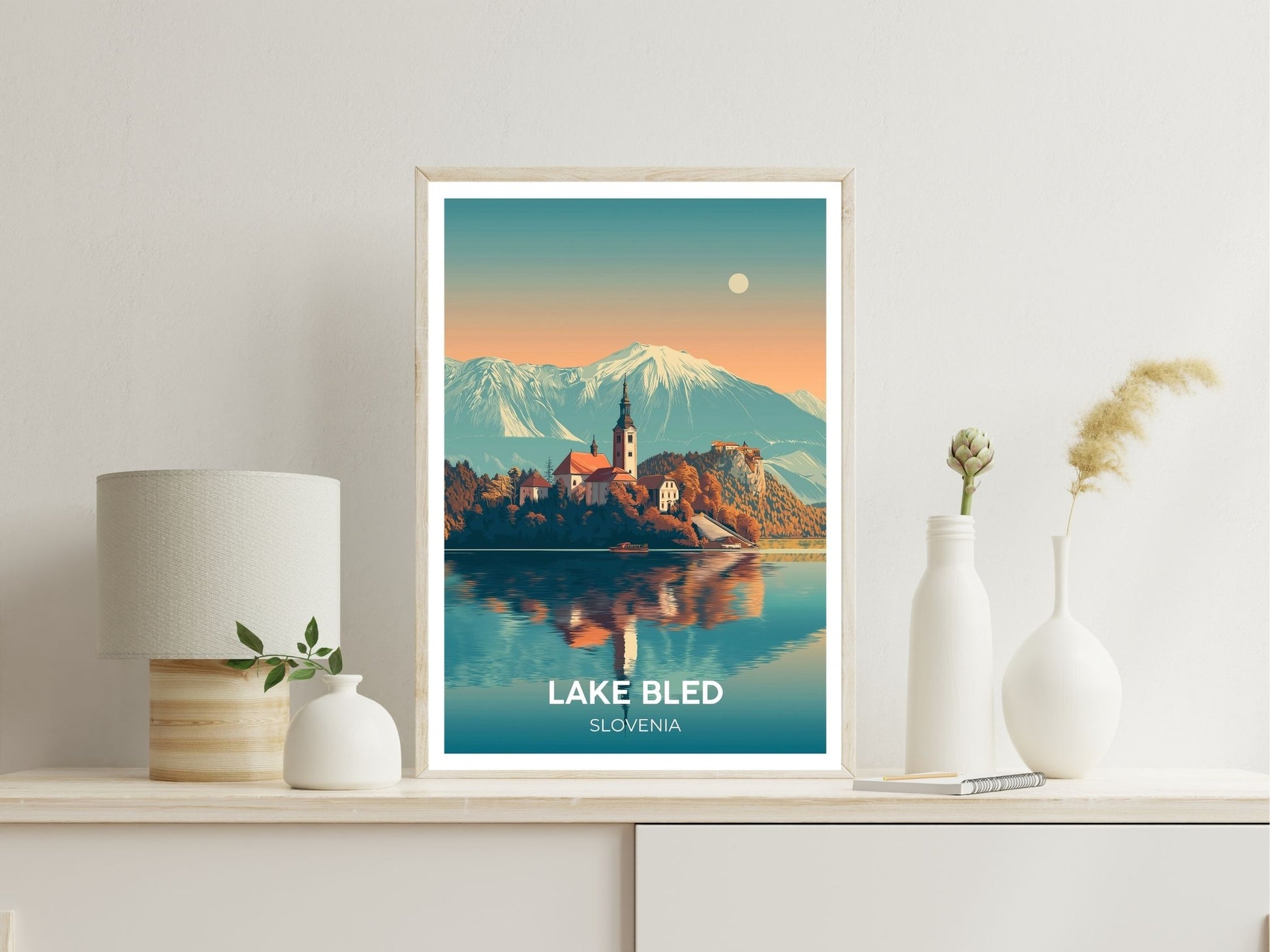 Lake Bled wall art print displayed in bedroom – Atlas Prints