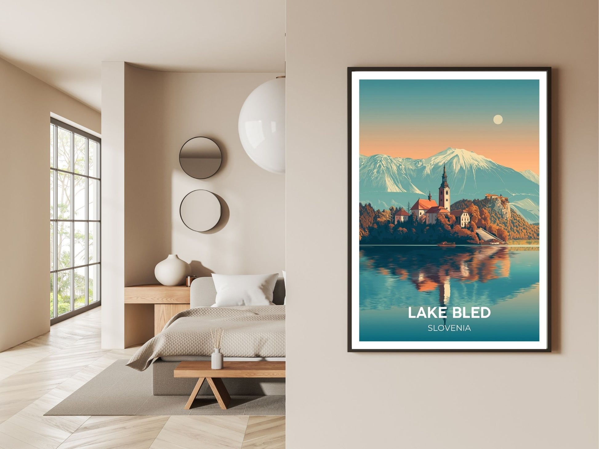 Gallery wall display of Lake Bled travel poster – Atlas Prints