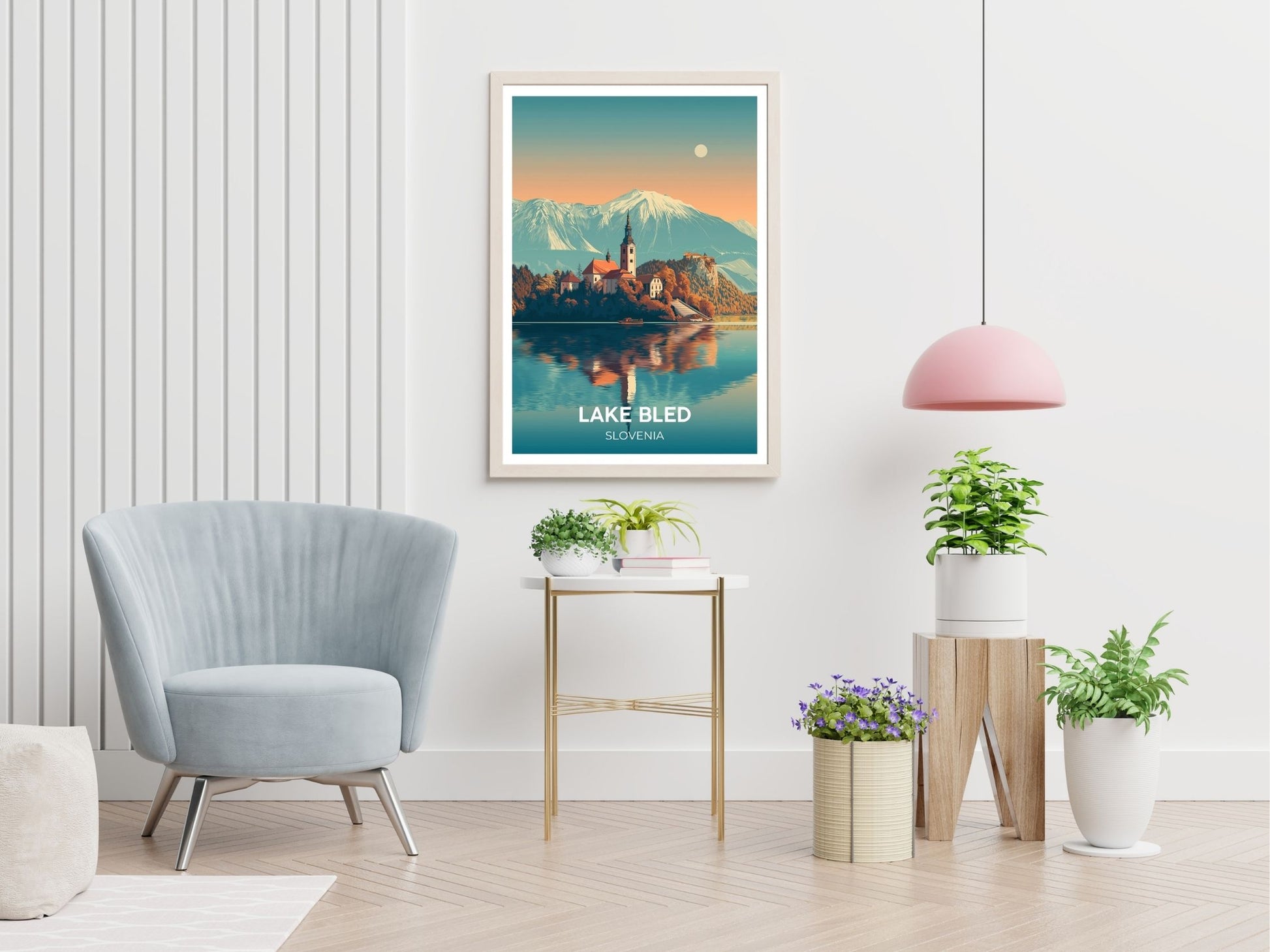 Lake Bled travel print displayed in living room – Atlas Prints