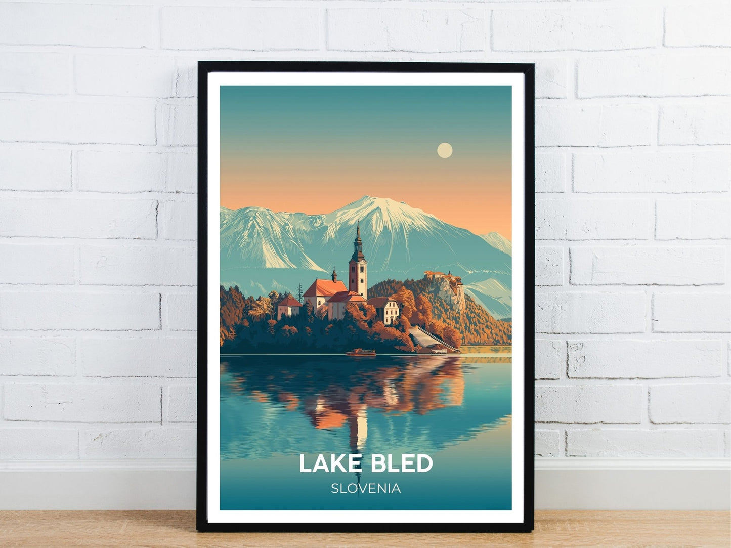 Minimal Lake Bled travel art poster – Atlas Prints