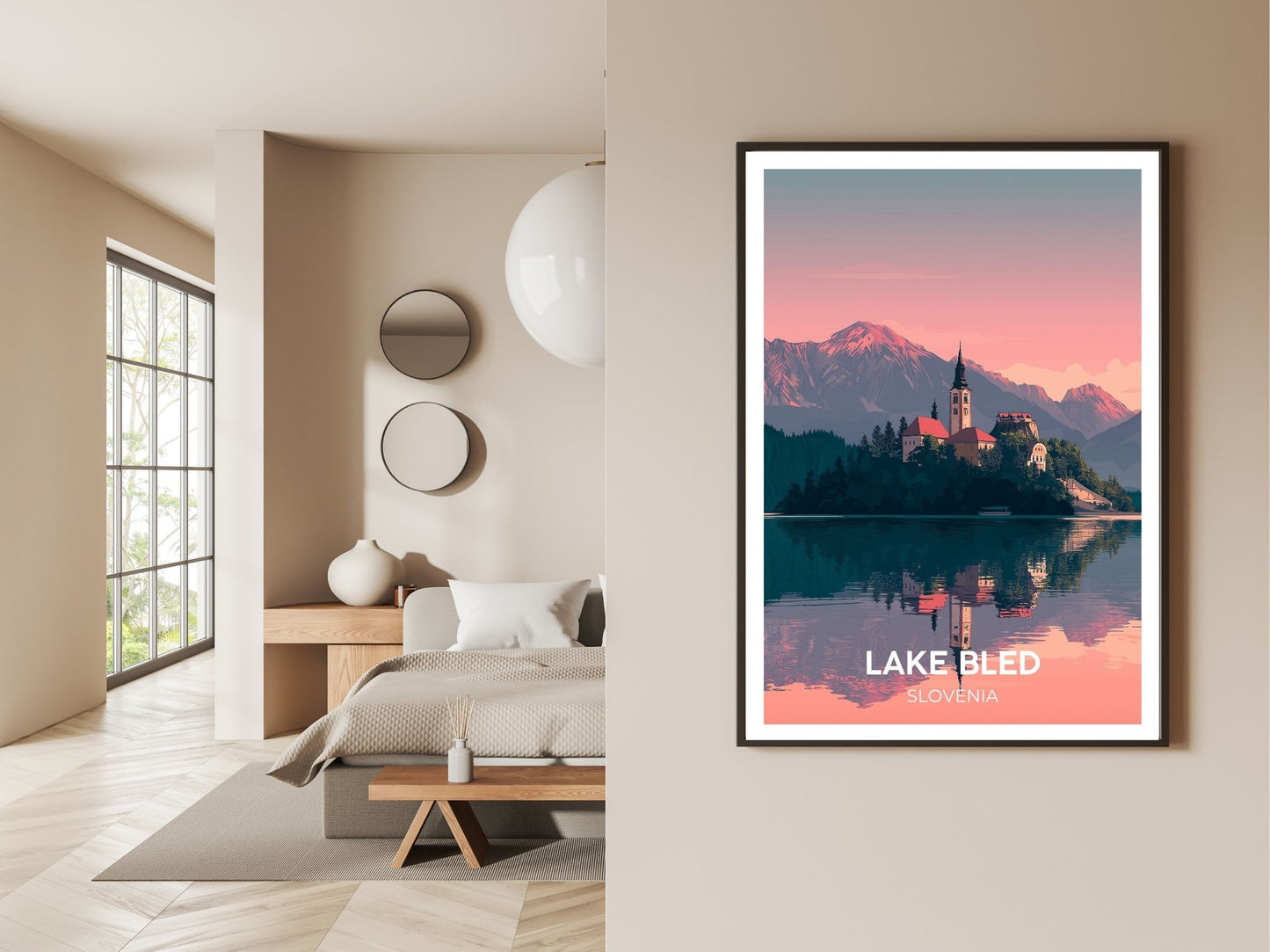 Gallery wall display of Lake Bled Slovenia travel poster – Atlas Prints