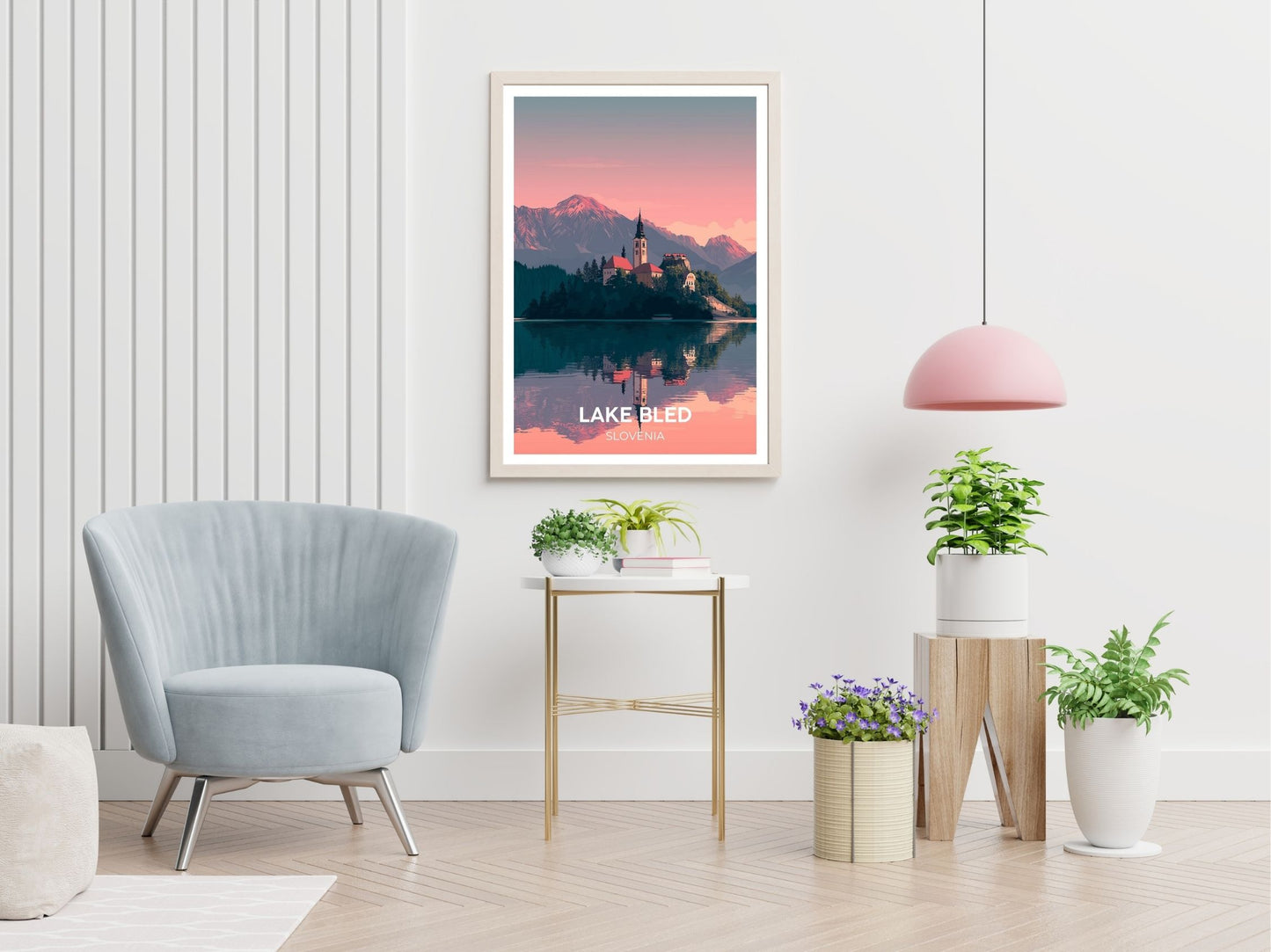 Lake Bled Slovenia travel print displayed in living room – Atlas Prints