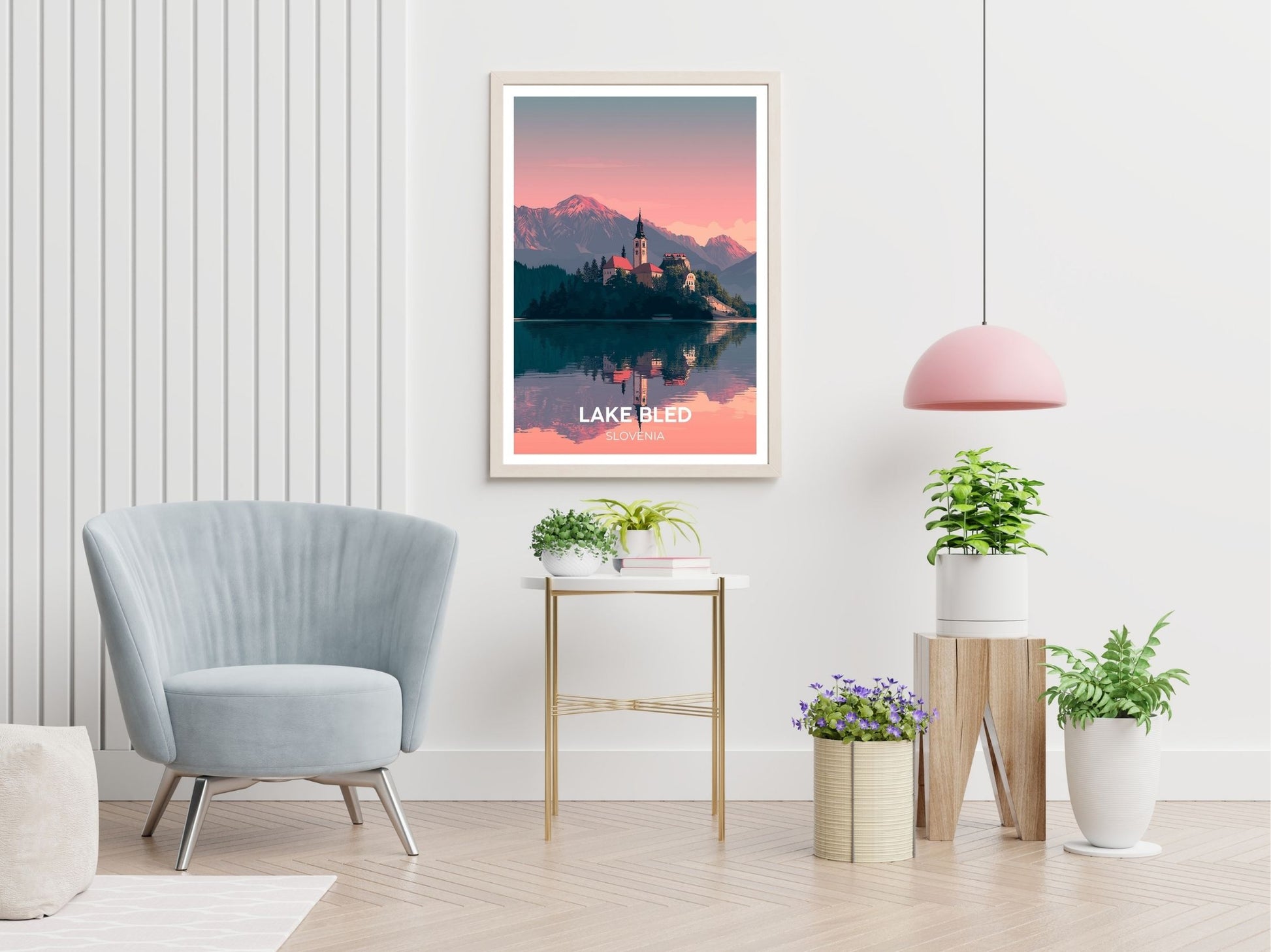 Lake Bled Slovenia travel print displayed in living room – Atlas Prints