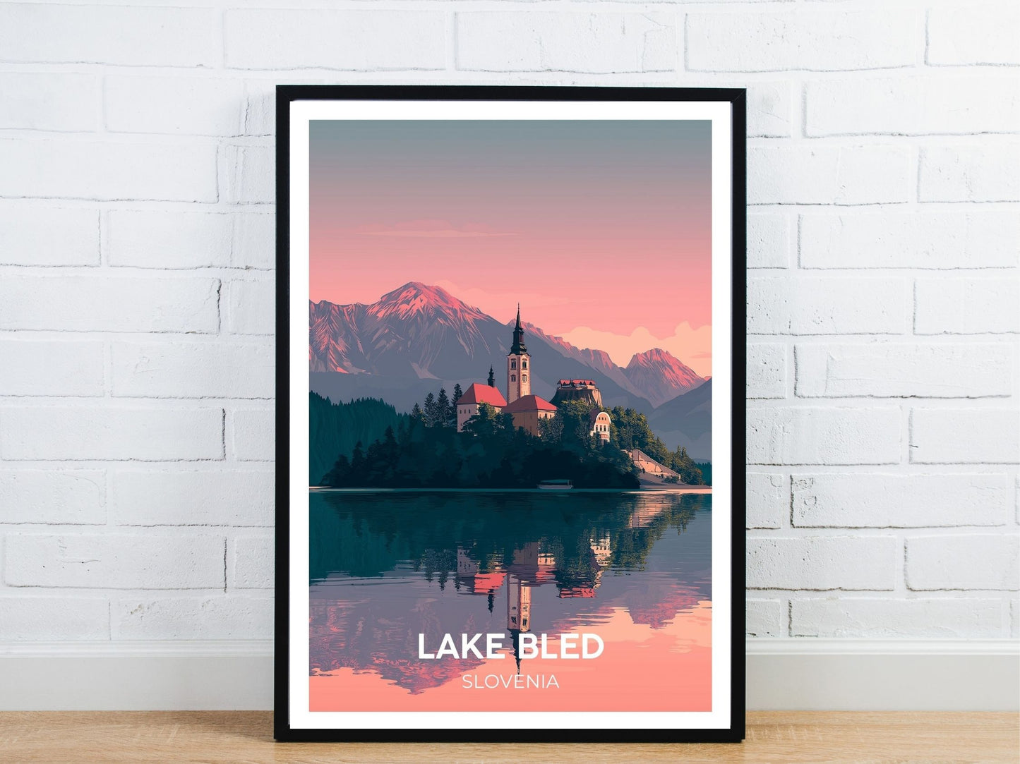Minimal Lake Bled Slovenia travel art poster – Atlas Prints