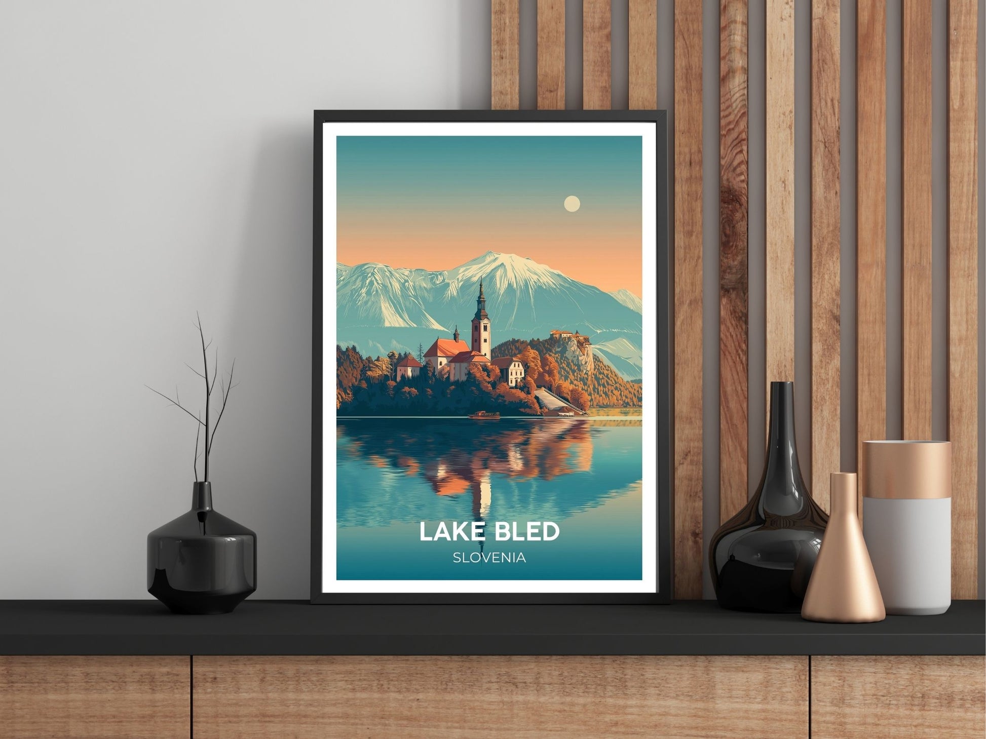 Close-up of Lake Bled travel poster matte texture – Atlas Prints