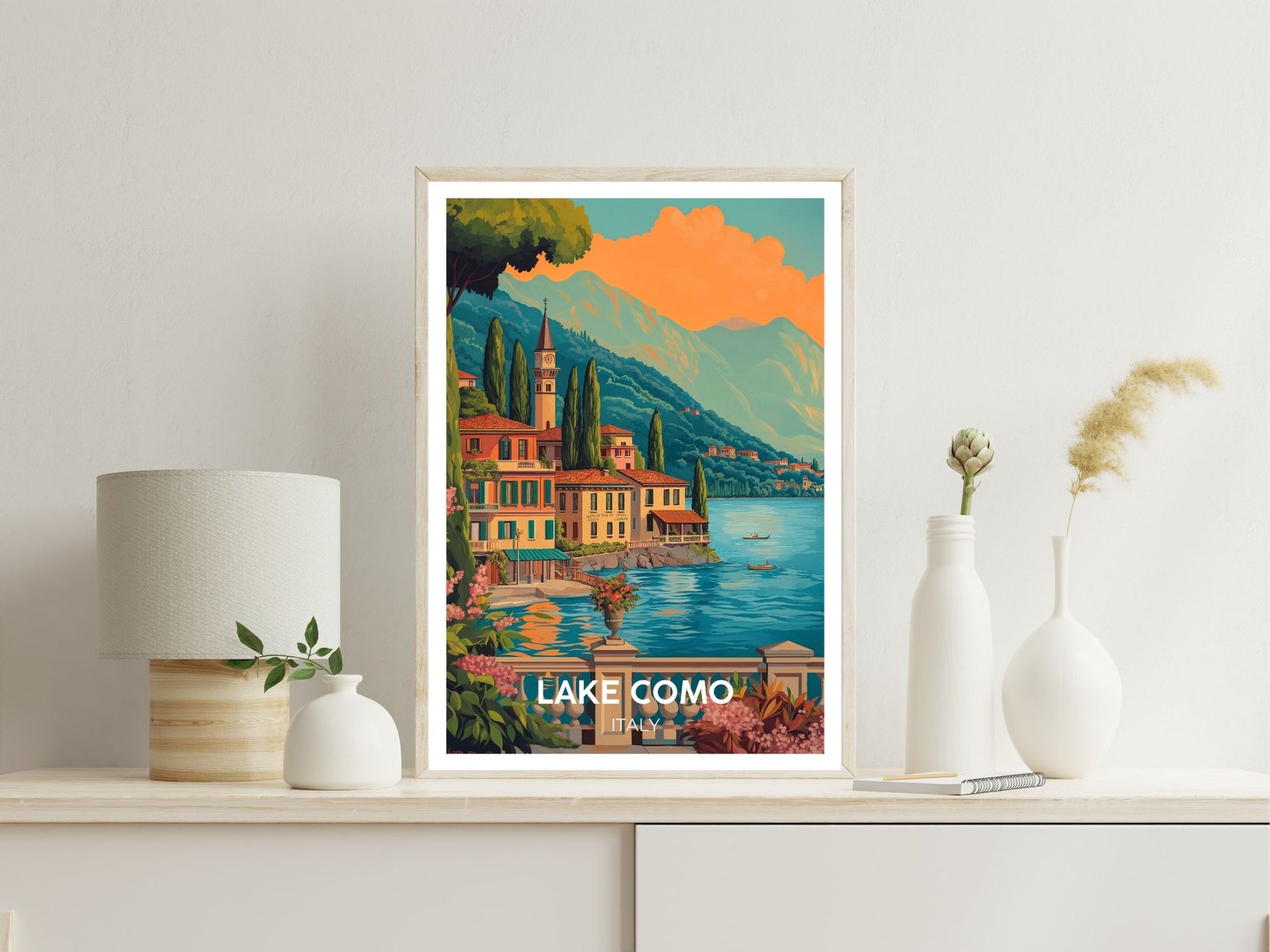 Lake Como wall art print displayed in bedroom – Atlas Prints