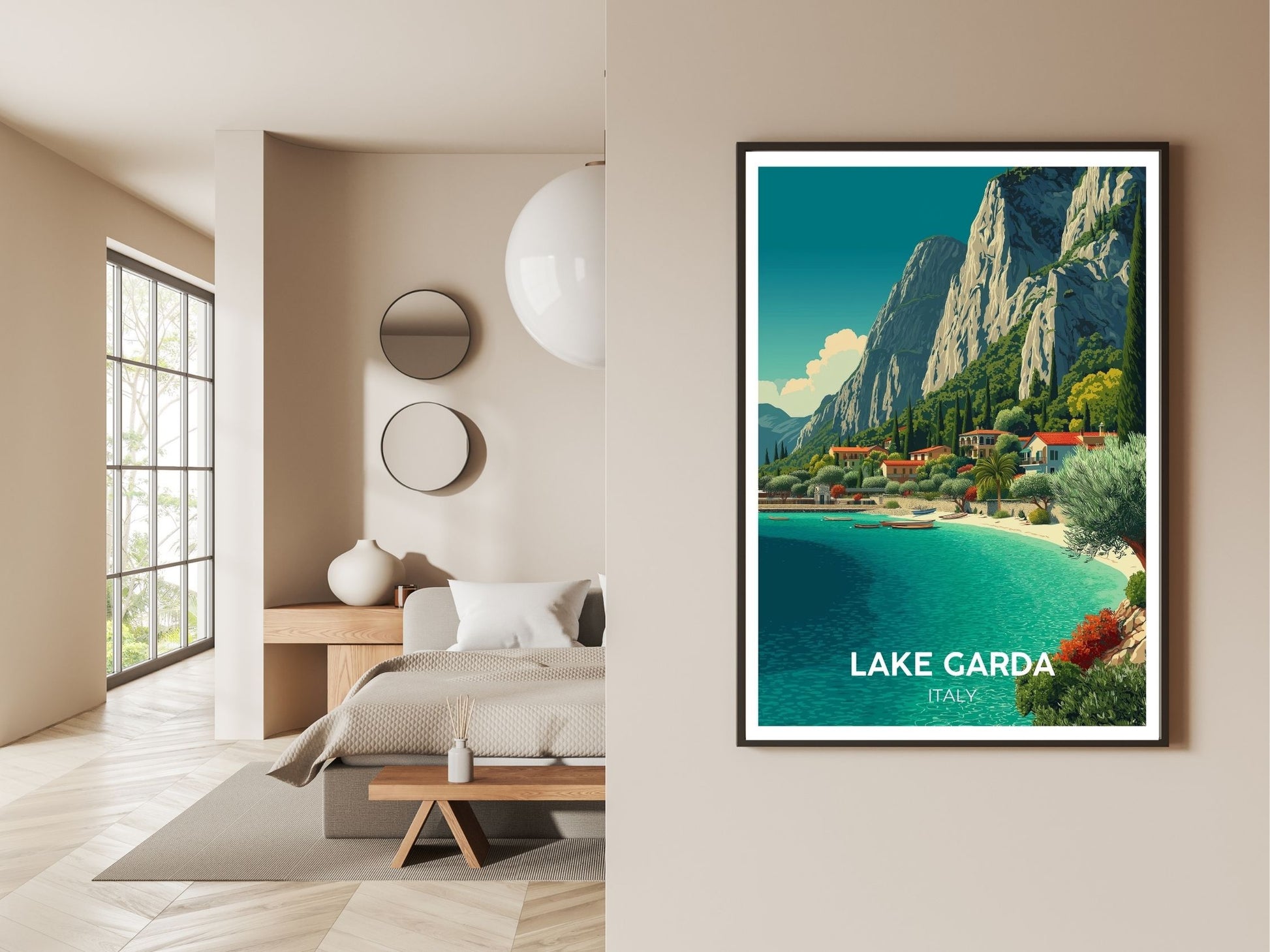 Gallery wall display of Lake Garda Italy travel poster – Atlas Prints