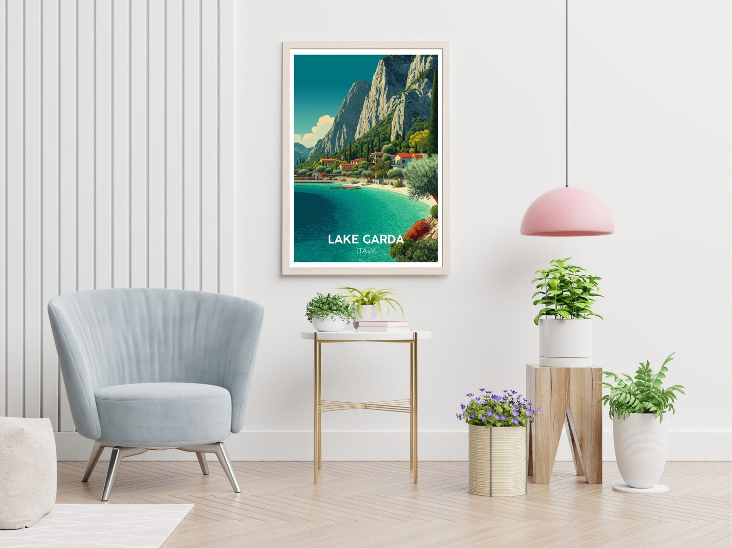 Lake Garda Italy travel print displayed in living room – Atlas Prints
