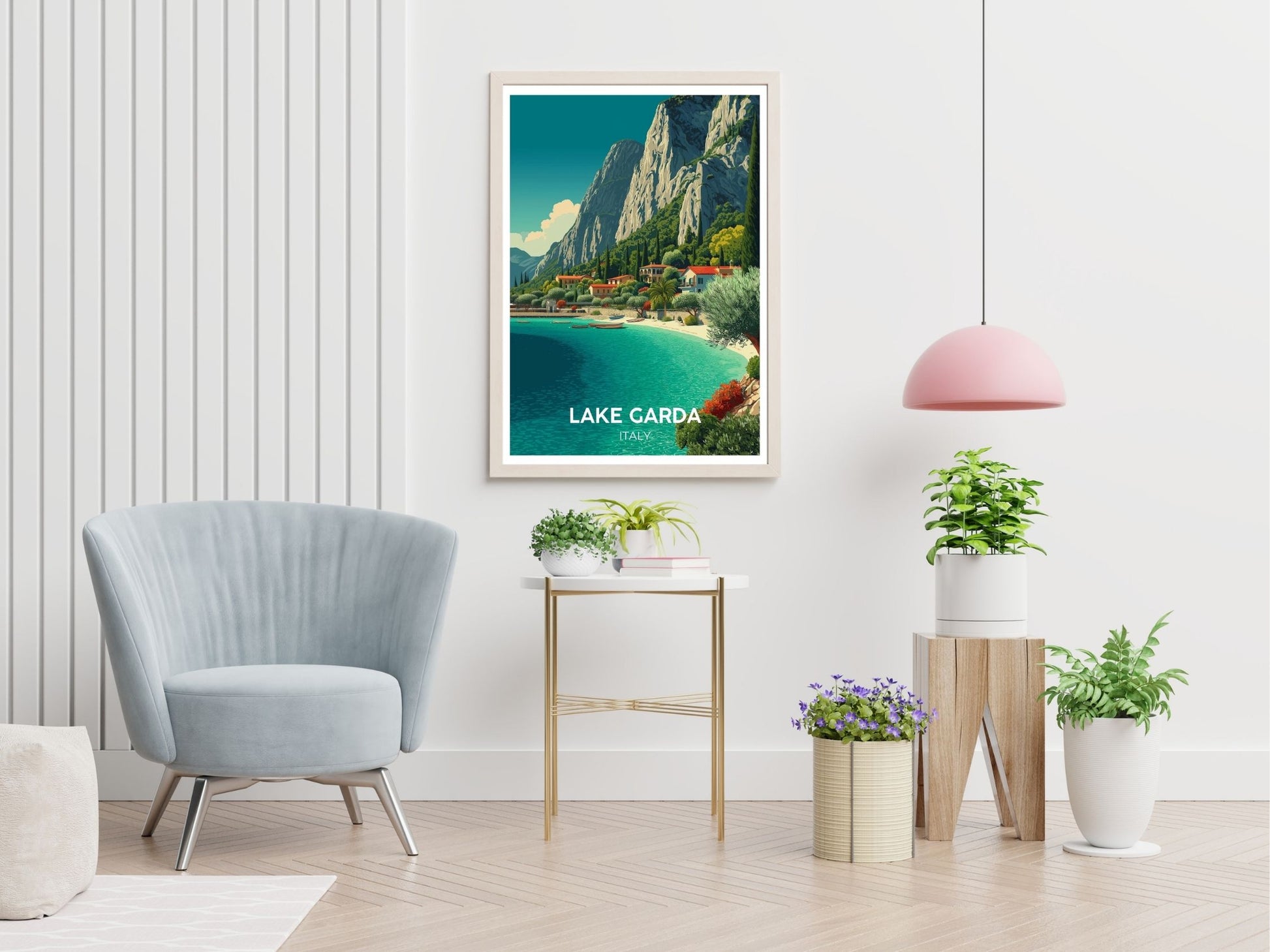 Lake Garda Italy travel print displayed in living room – Atlas Prints