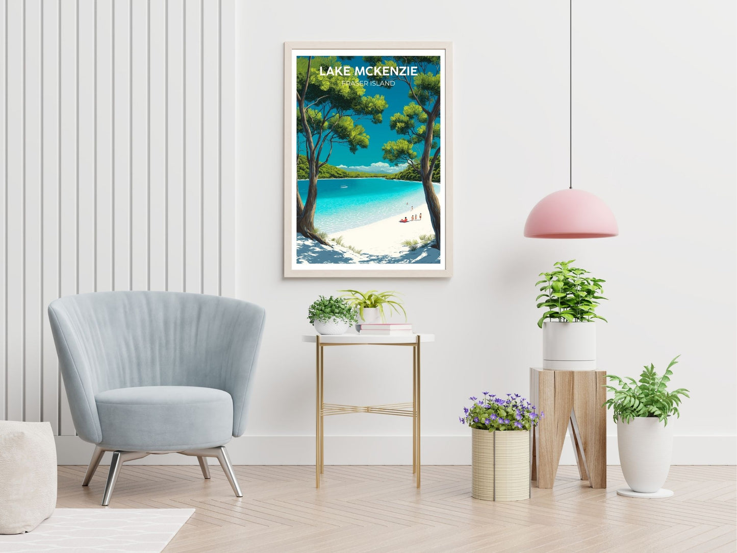 Lake Mckenzie Fraser Island travel print displayed in living room – Atlas Prints