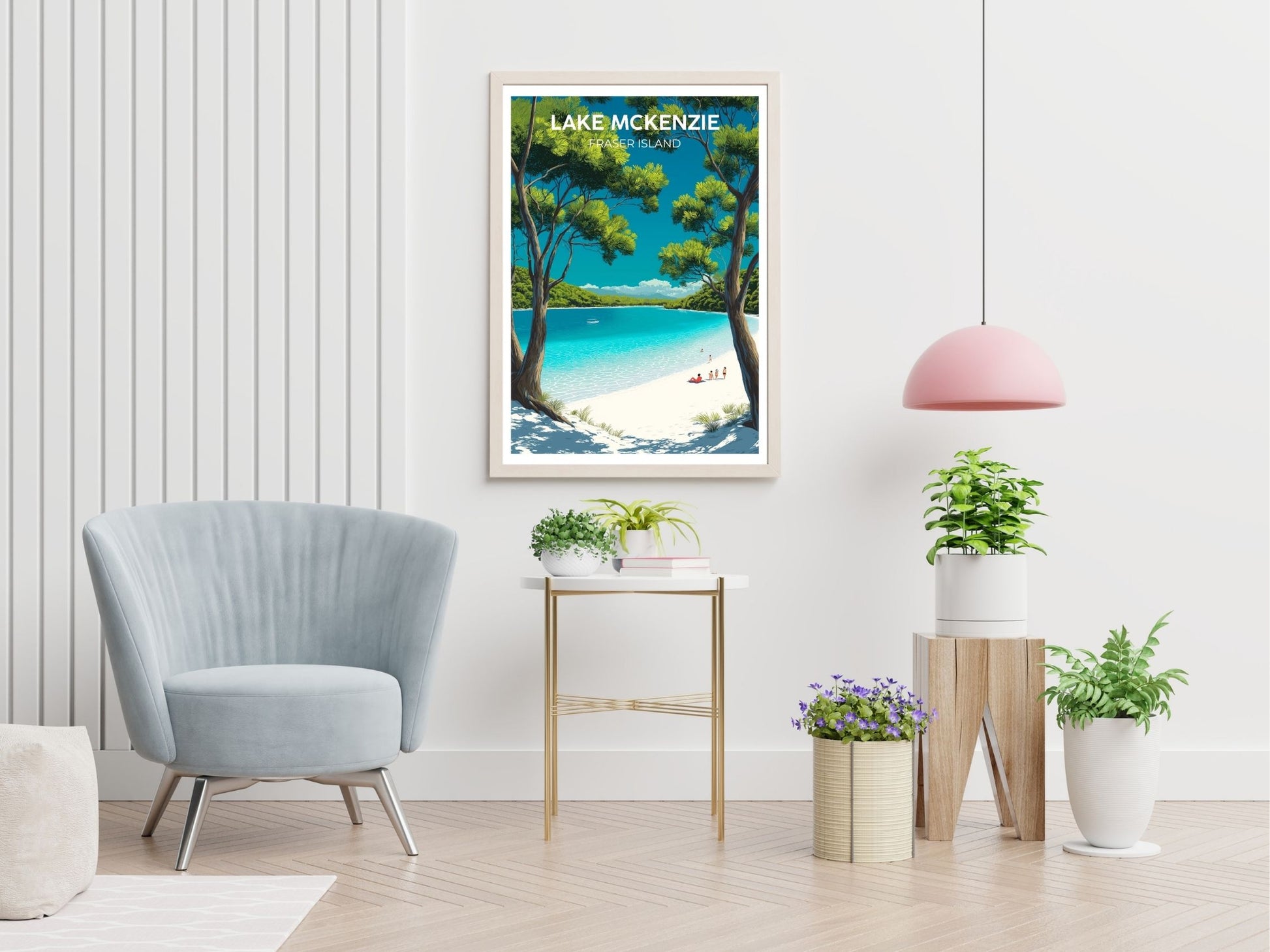 Lake Mckenzie Fraser Island travel print displayed in living room – Atlas Prints