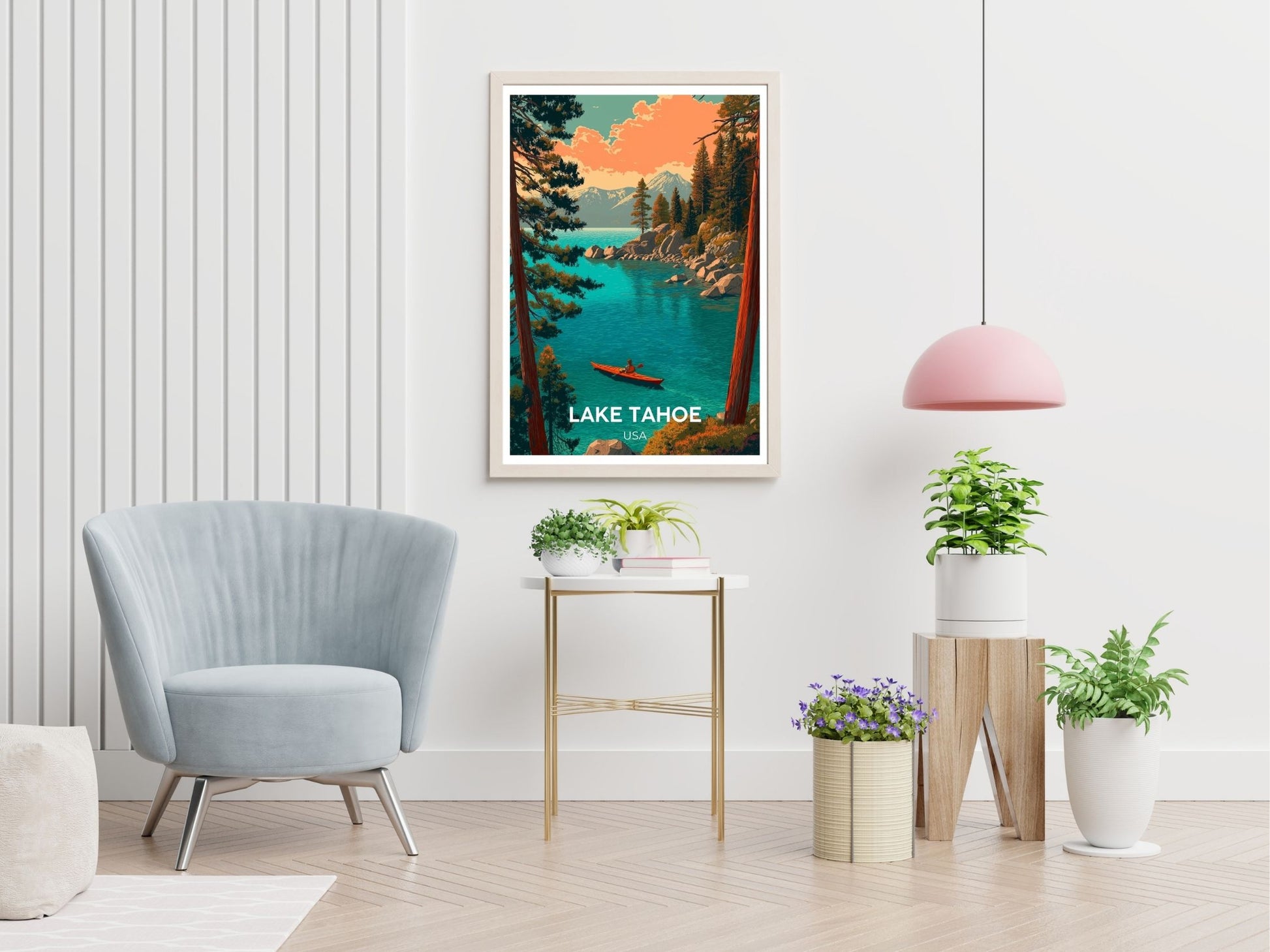 Lake Tahoe USA travel print displayed in living room – Atlas Prints