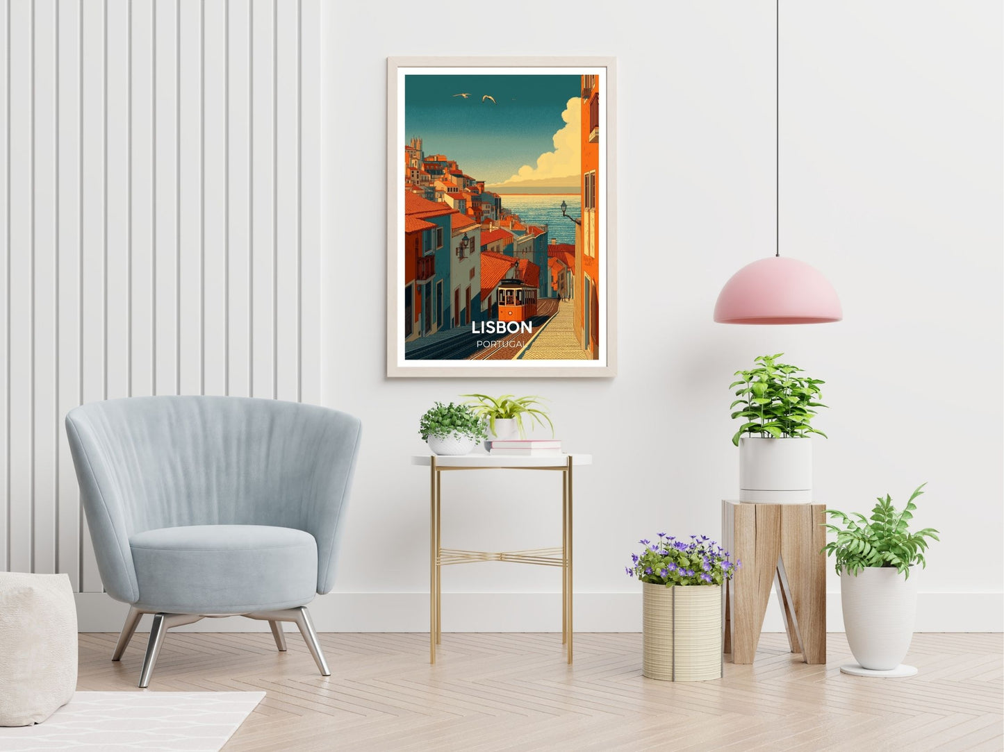 Lisbon Portugal travel print displayed in living room – Atlas Prints